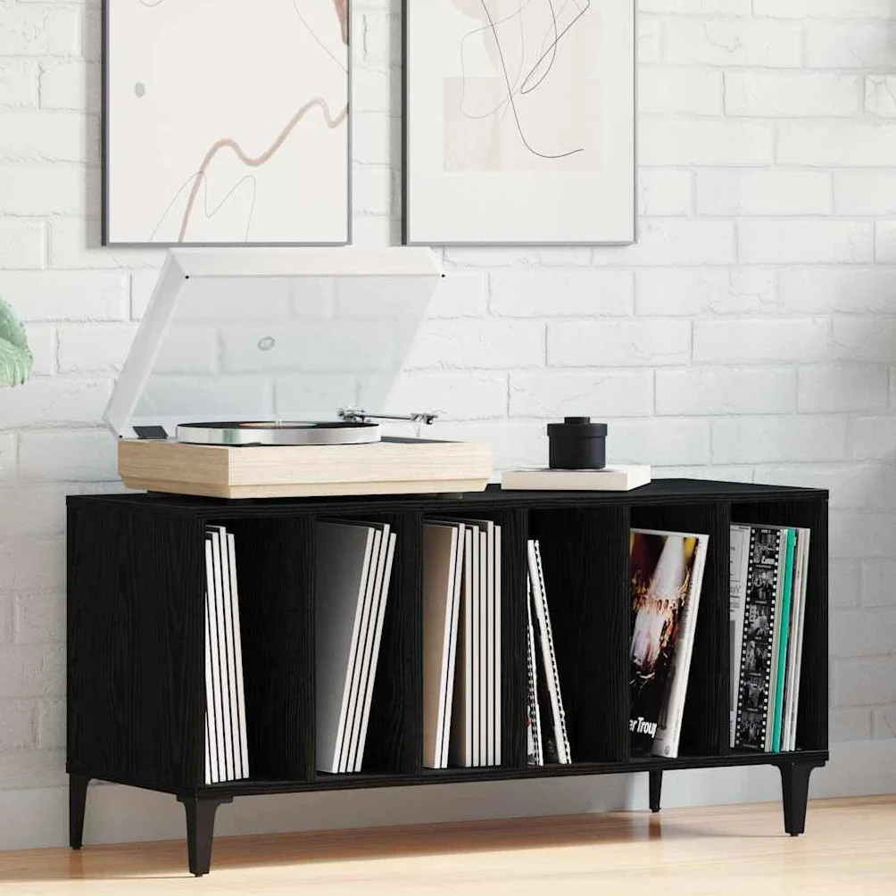 Hothingwell Szafka na płyty winylowe dąb czarny, 100 x 38 x 48 cm, szafka z płyty winylowej z luźnym schowkiem, minimalistyczny współczesny styl, do nowoczesnego salonu, stalowe nogi