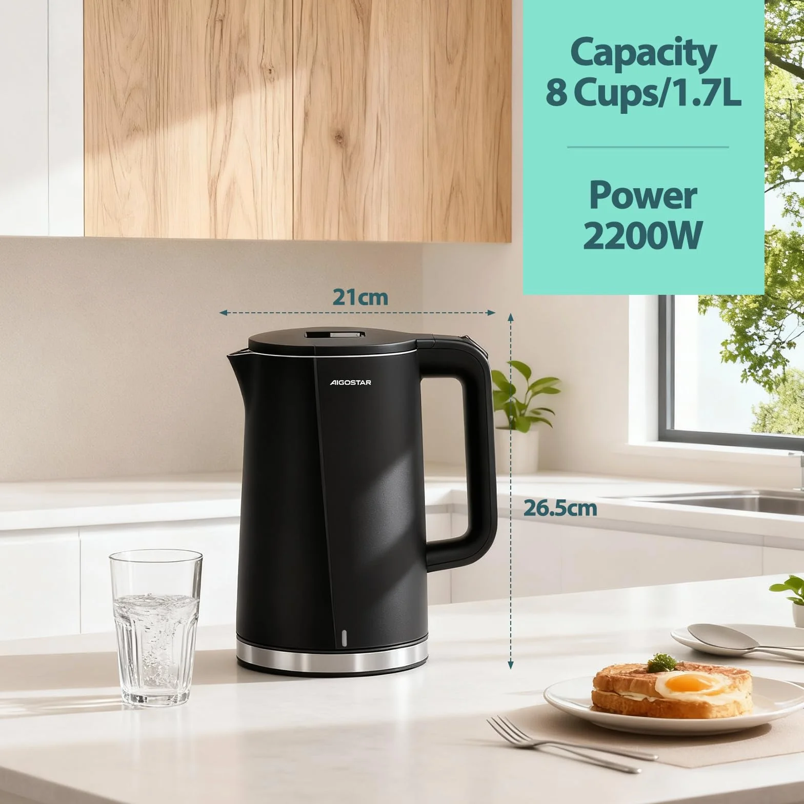 Aigostar Aubery Czajnik Elektryczny ze Stali Nierdzewnej 1,7L 2200W Czarny