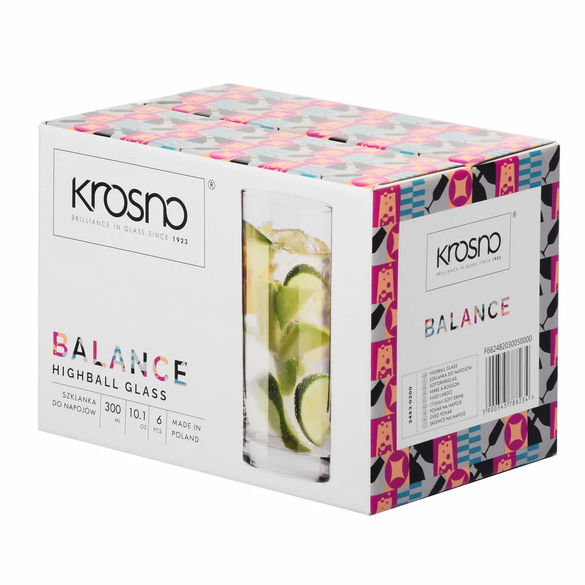 KROSNO Szklanki long drink do wody, napojów i soków | Komplet 6 x 300 ml | Kolekcja Balance | Bezołowiowe szkło kryształowe, Gładki rant | Stabilne dno, Na przyjęcia i imprezy, Do zmywarki