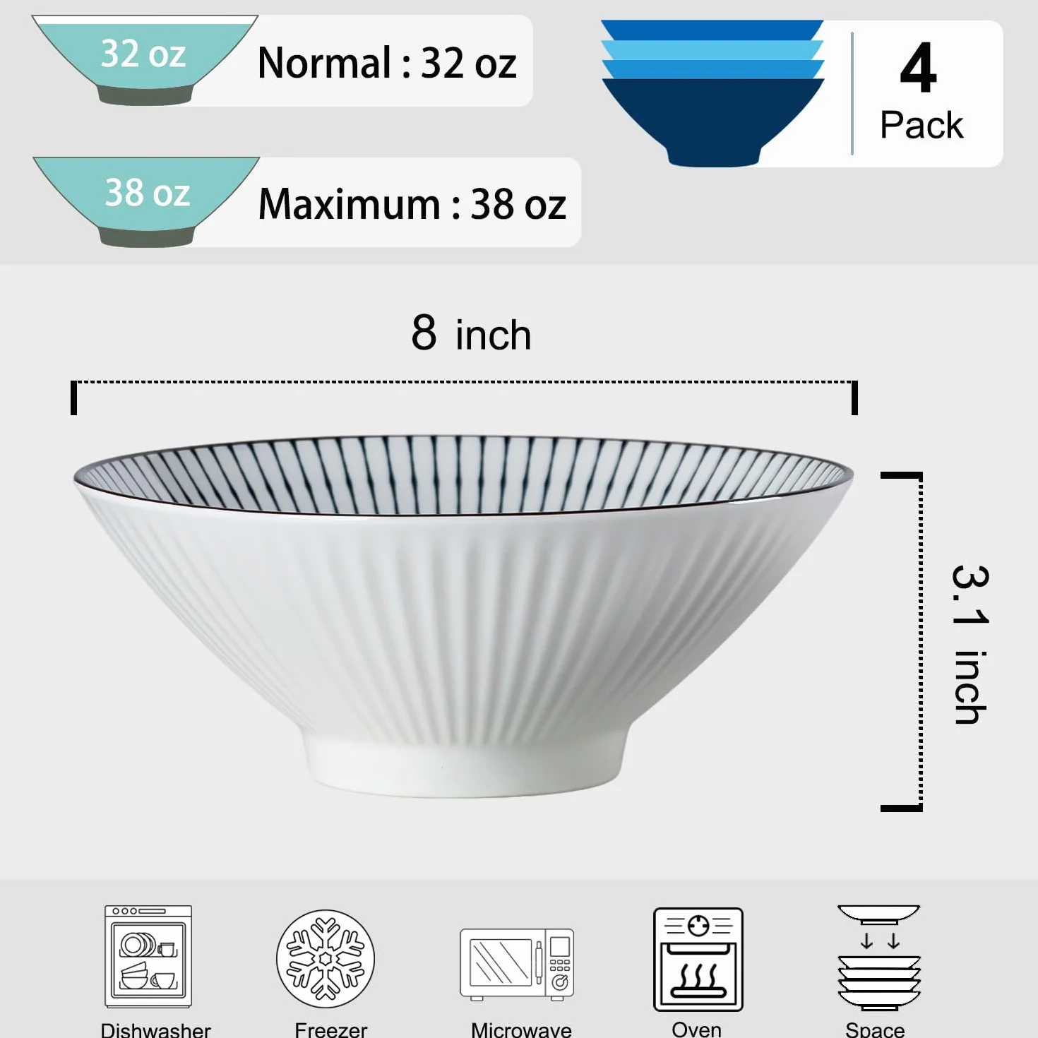 Duże ceramiczne miski do ramenu, zestaw 4 szt., niebieskie i białe miski do zupy na pho, 20 cm wzór fali, idealne do makaronu i bulionu