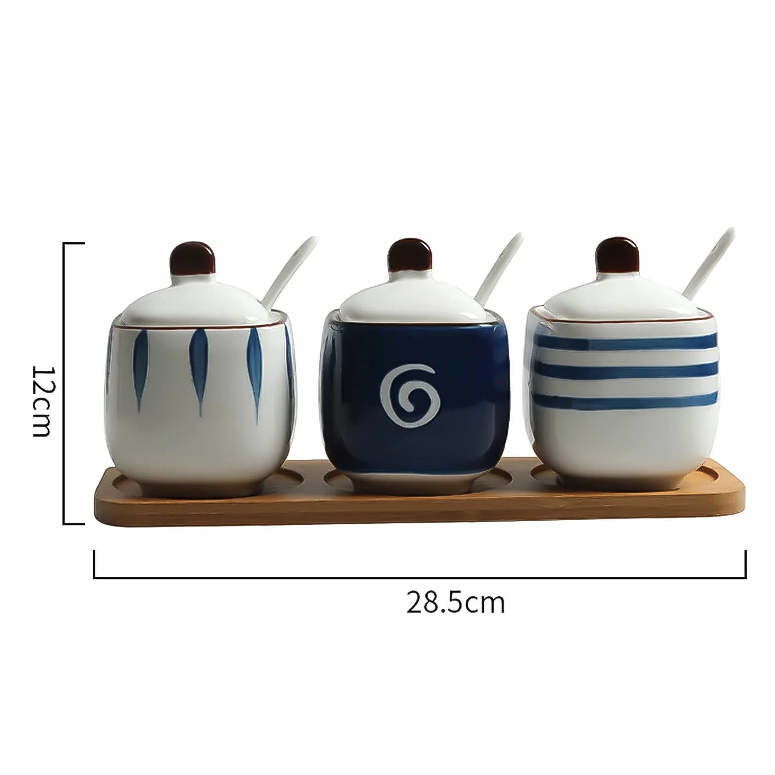 Zestaw 3 ceramicznych pojemników na przyprawy z łyżeczkami i pokrywkami, do przechowywania pieprzu, cukru, soli przypraw – 2 sztuki(3 Pieces.)