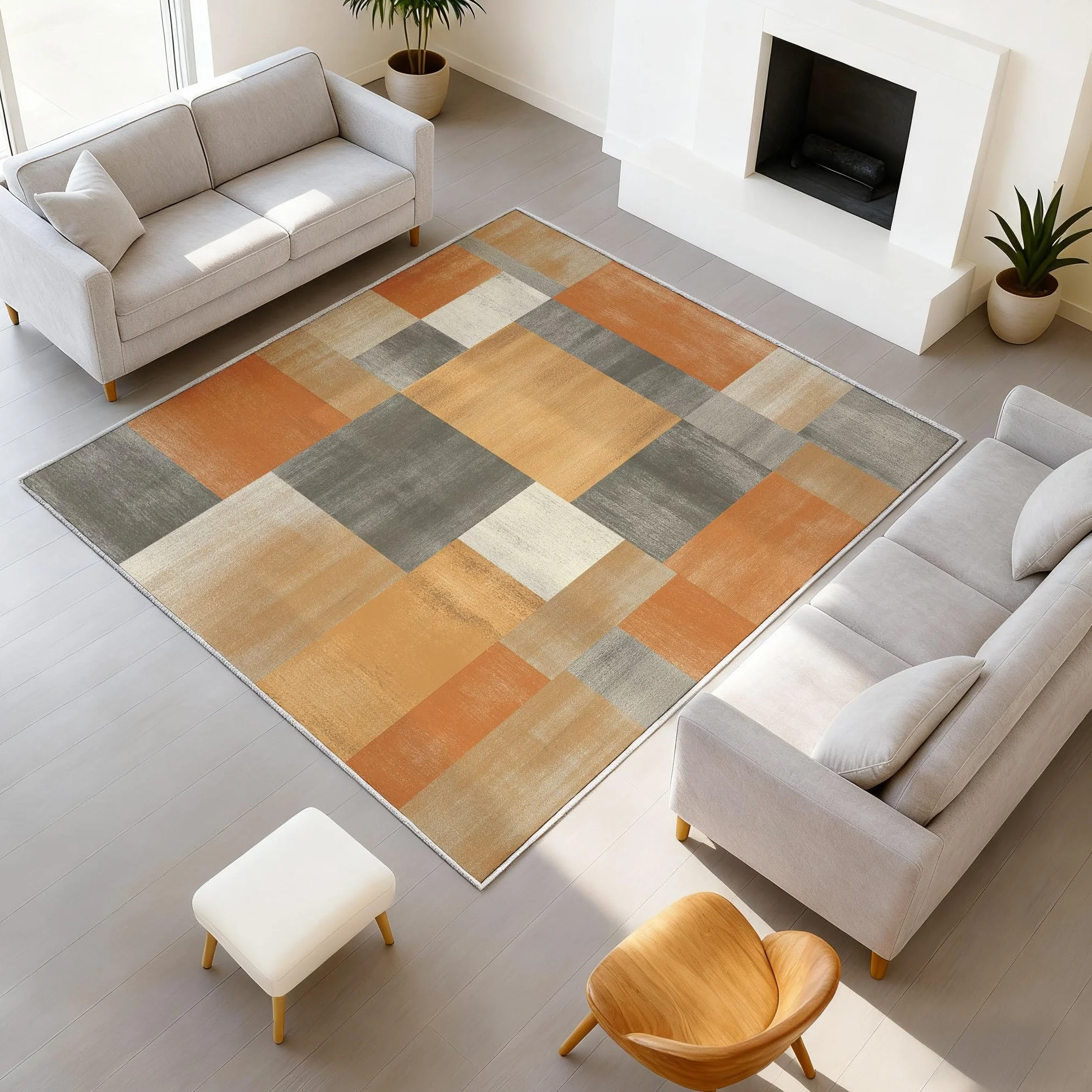 Antypoślizgowy patchwork geometryczny zmywalny dywan nowoczesny abstrakcyjny dywanik TPR klocki dywan pomarańczowy szary biały dywan 120 x 180 cm do salonu, sypialni, biura
