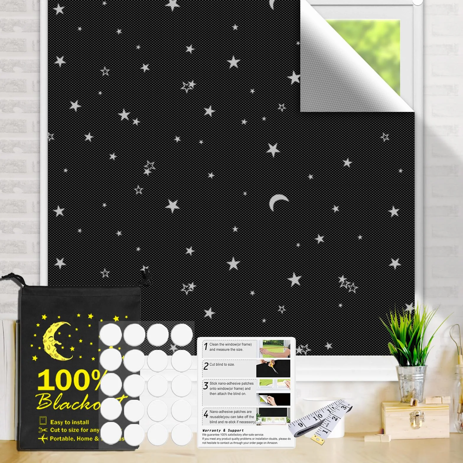 Blackout ślepy materiał na podróż, okno, drzwi, okno, klejenie, 200 x 145 cm, duża folia okienna, przenośna, tymczasowa zasłona zaciemniająca, zasłona do pokoju dziecięcego, akademika, gwiazdy i