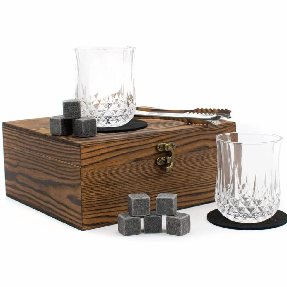TRIXES Pudełko prezentowe na szklankami do whisky, do degustacji szkockiej, kamienie do whisky i zestaw podstawek, zestaw upominkowy, na napoje alkoholowe, idealny prezent na Dzień Ojca