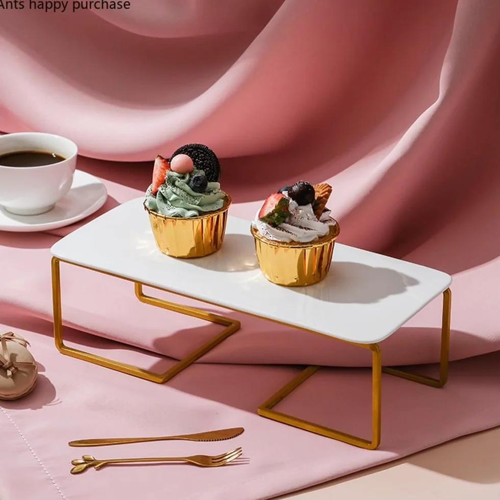 Wieża do ekspozycji ciast Stojak na ciasto z kutego żelaza, biały ceramiczny talerz, foremka babeczki, przekąski, deser, stojak ekspozycyjny Stojak na ciasta(Gold,Duży)