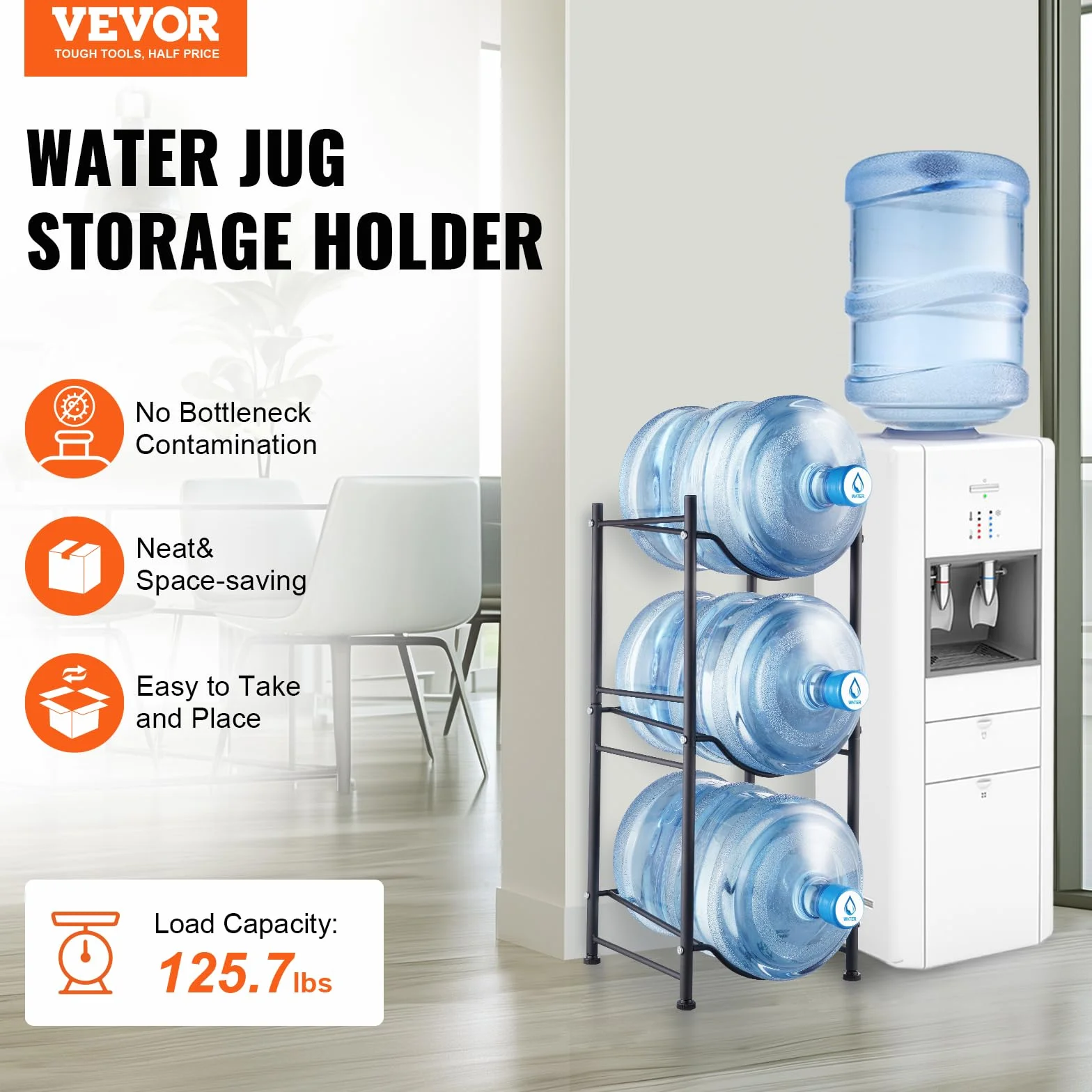 VEVOR 3-poziomowy uchwyt na dzbanek na wodę, uchwyt na butelkę wody, jednorzędowy stojak na 3 butelki, wytrzymały stojak na dzbanek na wodę do kuchni, biura, salonu, czarny