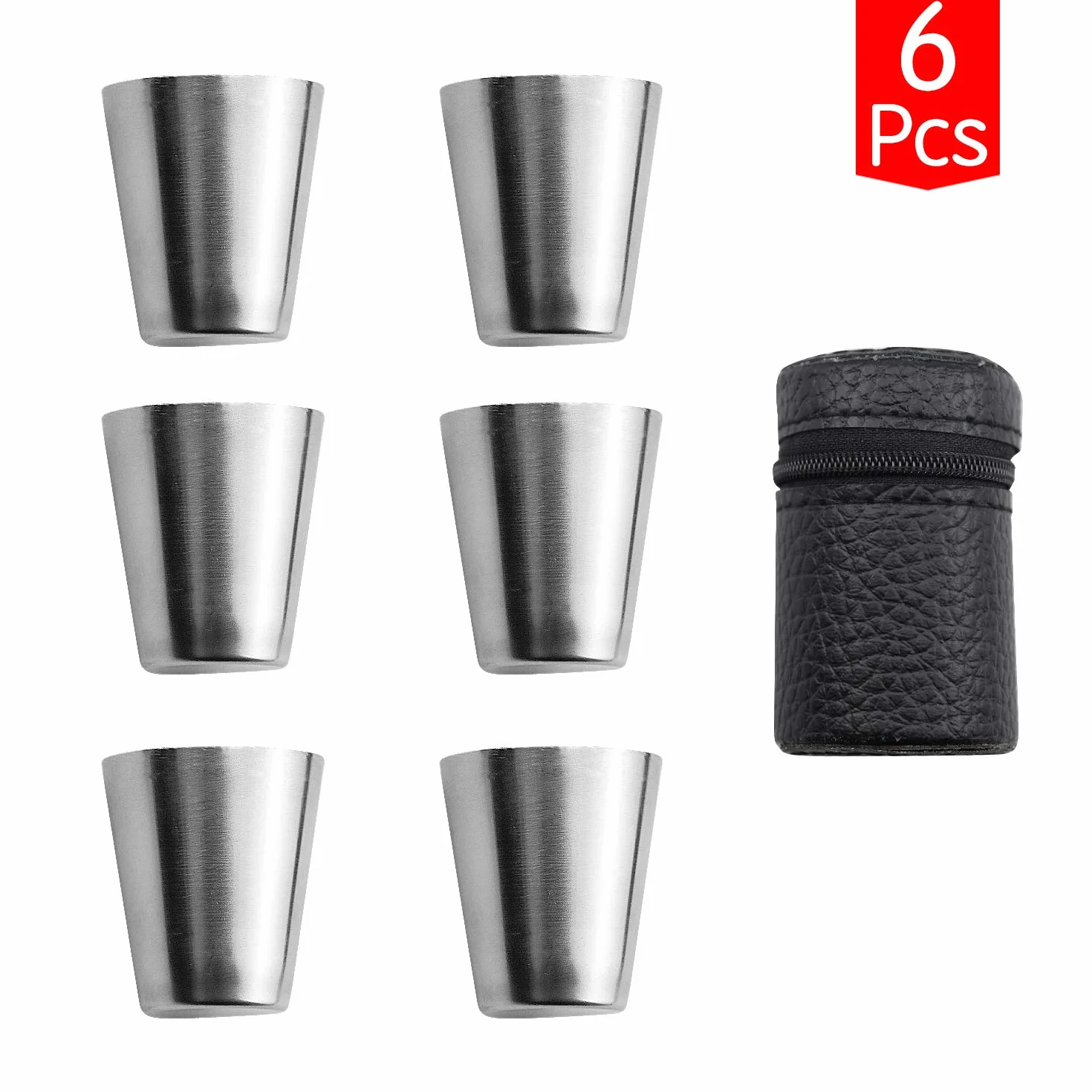 Zestaw 7 kubków ze stali nierdzewnej, kubek barmański, narzędzia barmańskie, 30 ml, nietłukące się kubki do picia, kubki do sznapsa, 6 kubków z 1 skórzanym etui, przenośny kieliszek do wina