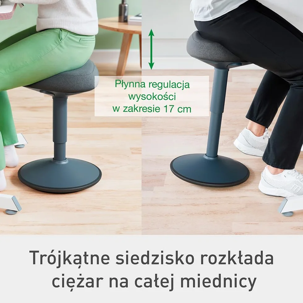 Stołek Leitz Ergo Active z Unikalną Komfortową Poduszką z Pianki o Podwójnej Gęstości, Regulowana Wysokość od 47 do 64cm, Siedzisko w 100% z Recyklingu, Udźwig 110kg, Seria Ergo, Ciemnoszary, 65440089