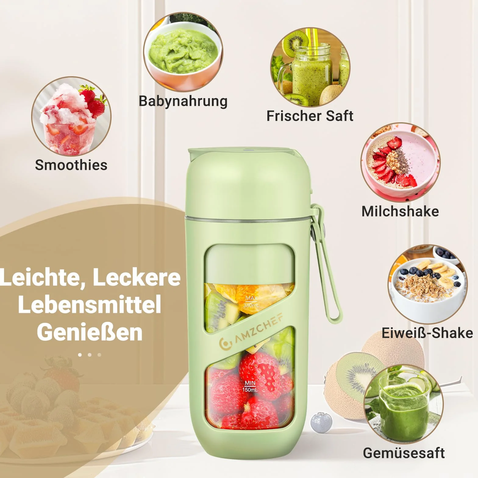 AMZCHEF Przenośny mikser próżniowy do koktajli mlecznych, soków, smoothie – 380 ml próżniowy przeciwutleniacz, butelka na sok – butelka do wielokrotnego ładowania do mini miksera