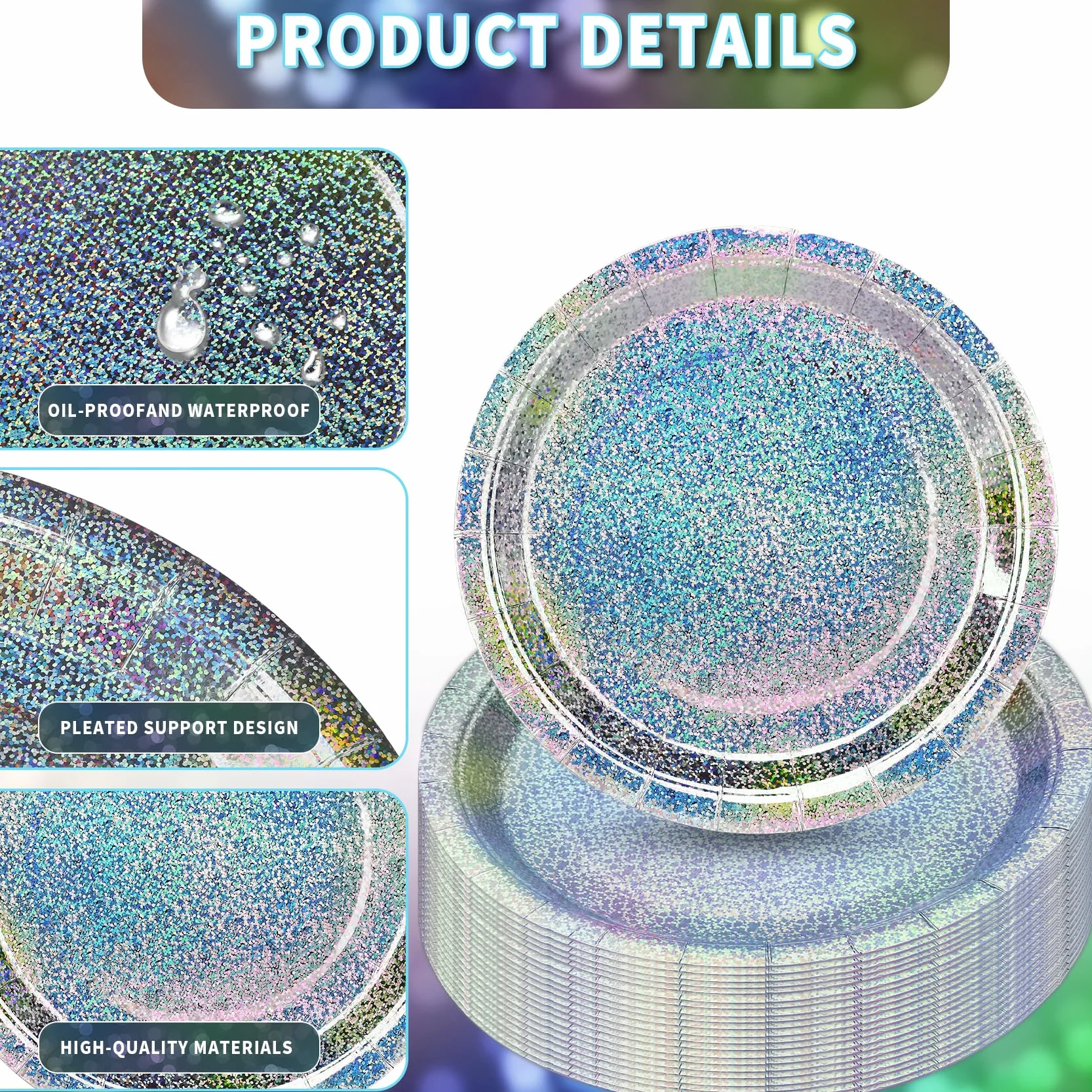 CEILIWEN 100 sztuk opalizujących papierowych talerzy, holograficzne, jednorazowe talerze, 18 cm i 23 cm, okrągłe jednorazowe opalizujące tęczowe papierowe talerze imprezowe (opalizujące talerze
