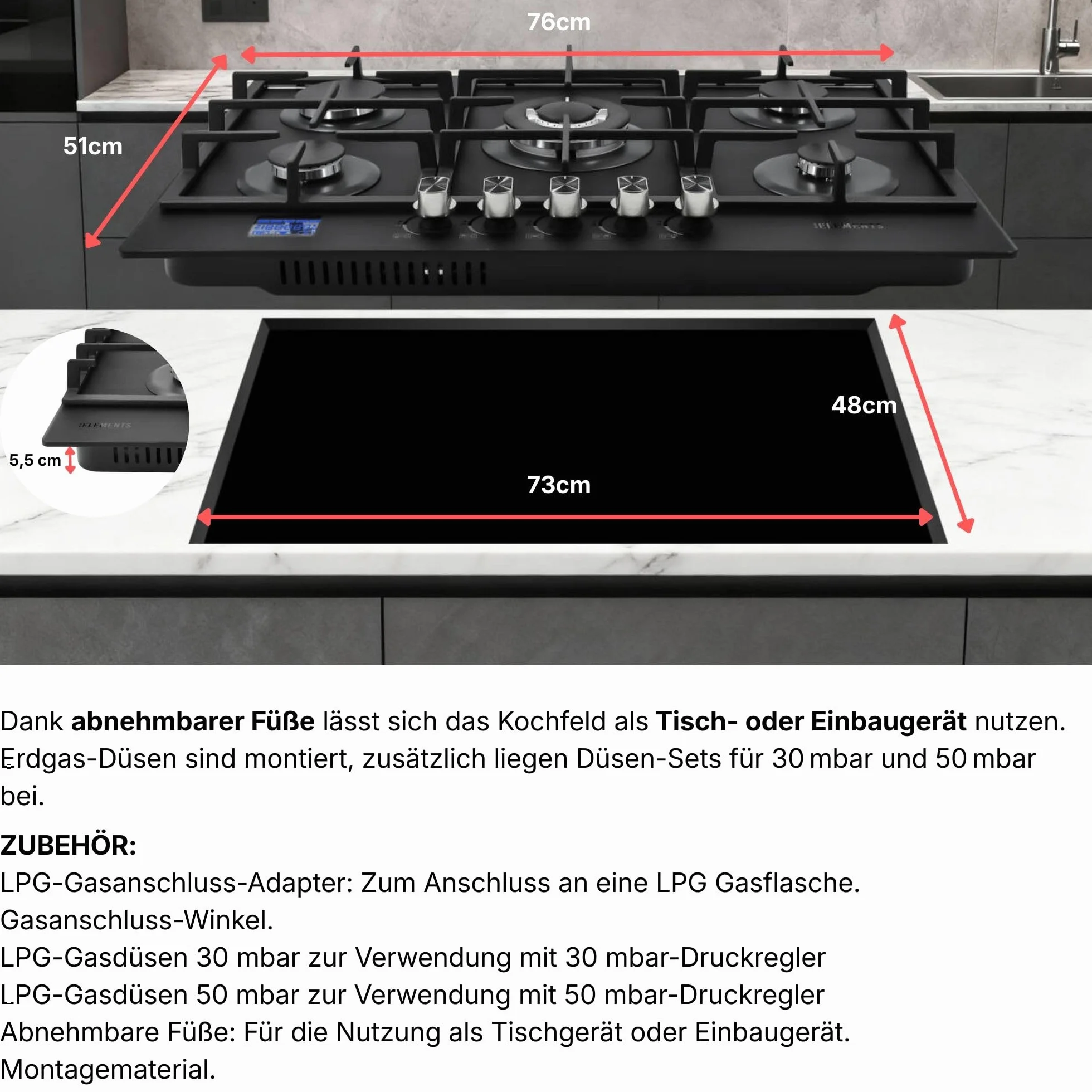 AQUA CLEAN zestaw kuchenek gazowych | piekarnik do zabudowy 60 cm | kuchenka gazowa z 5 żarówkami | kuchenka gazowa z timerem | zabezpieczenie przed dziećmi | grill | gorące powietrze | Aqua Clean