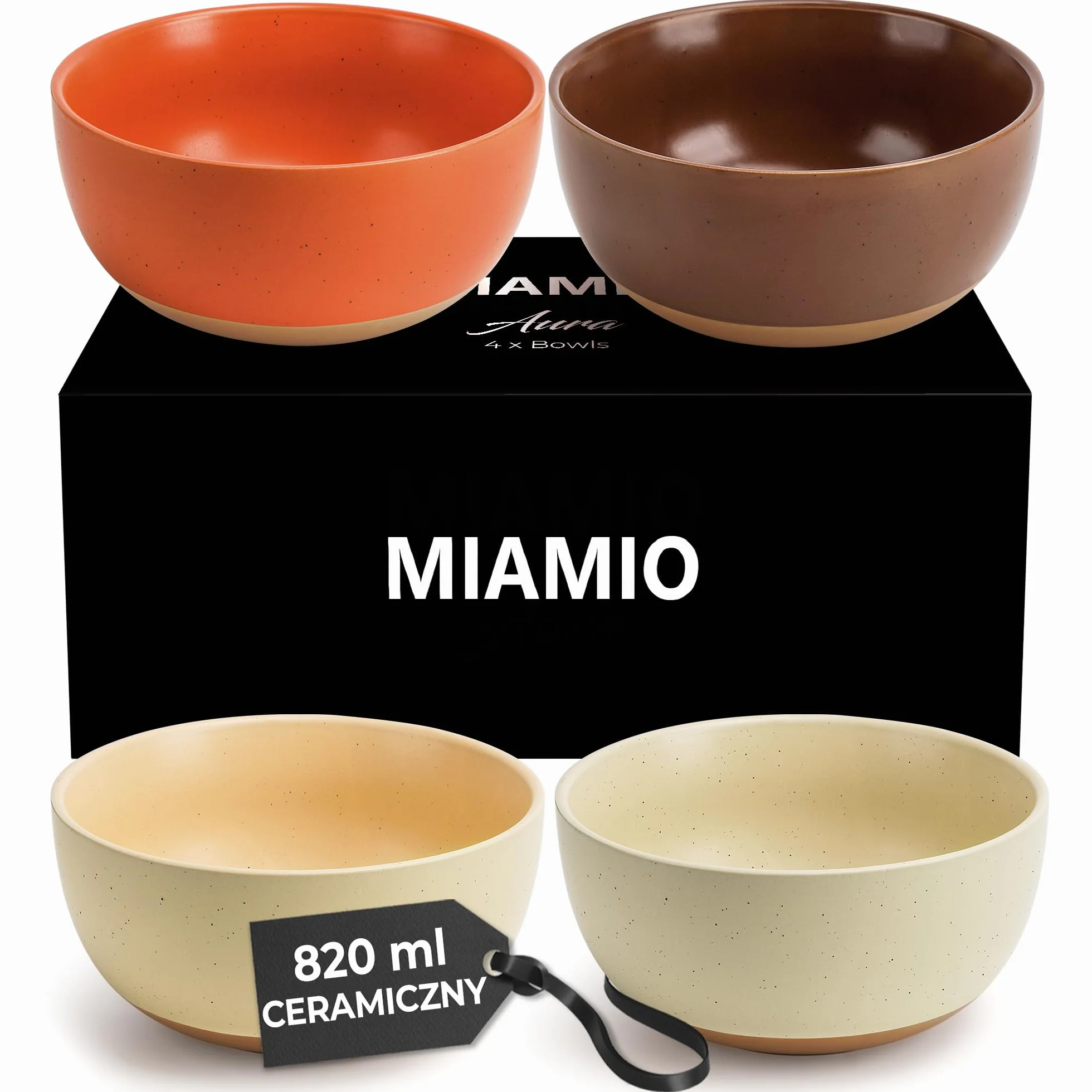 MIAMIO – Zestaw 4 miseczek ceramicznych o pojemności 820 ml/Zestaw miseczek śniadaniowych do sałatek, owsianki, owoców, ryżu – Kolekcja Aura (Przytulny neutralny, Miski (4x))