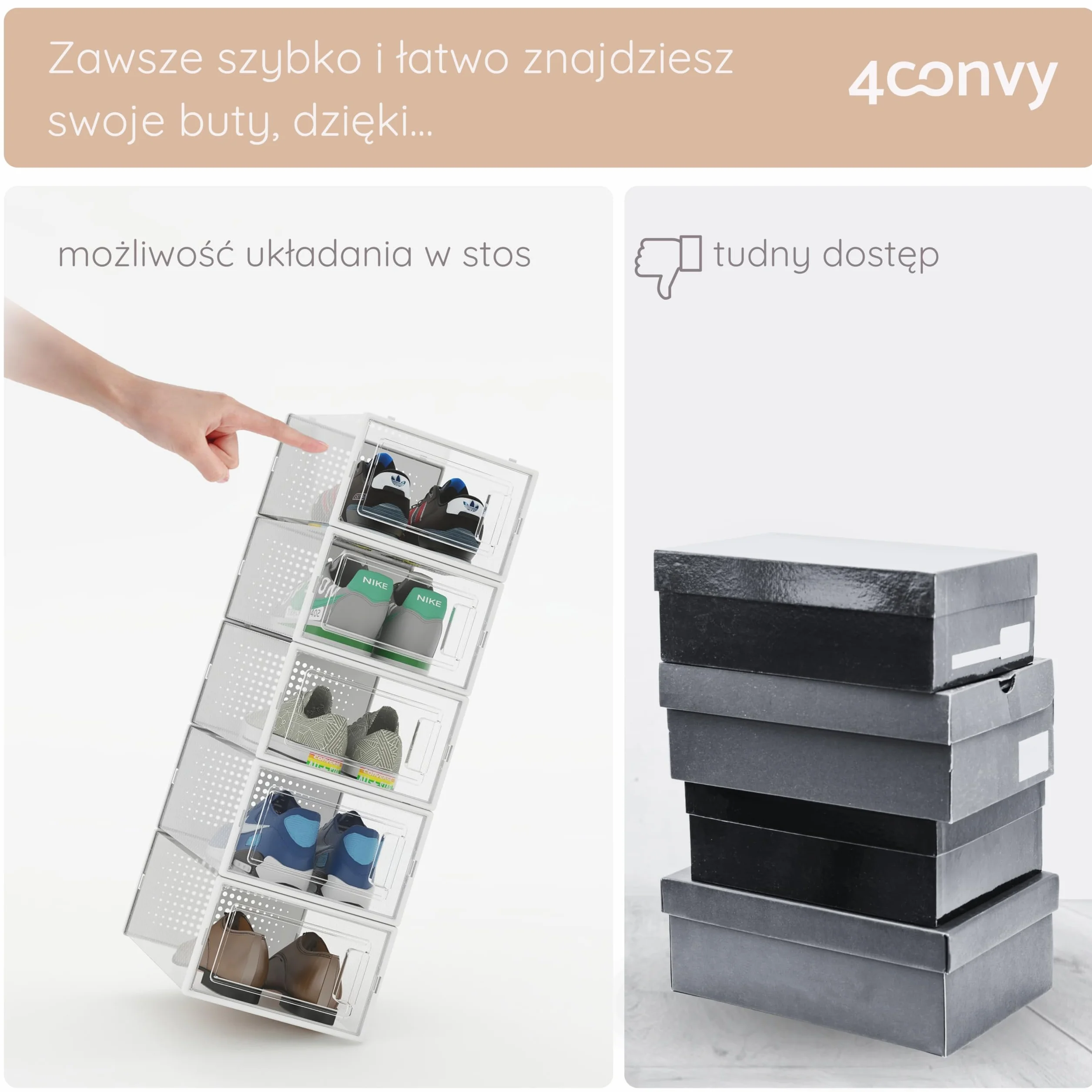 Składane pudełka na buty z możliwością układania w stos - trwałe pudełka do przechowywania butów - organizer na buty - plastikowe przezroczyste pudełka do garderoby sypialni przedpokoju 6 sztuk 4CONVY