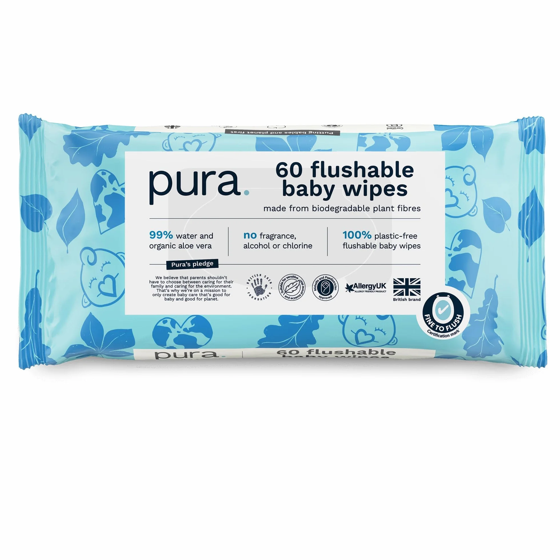 Pura Chusteczki do czyszczenia na mokro, 70 chusteczek (1 opakowanie), 99% wody, w 100% bez plastiku, odpowiednie dla wrażliwej i pozbawionej zapachu skóry, aloes, niemowląt, biodegradowalne,