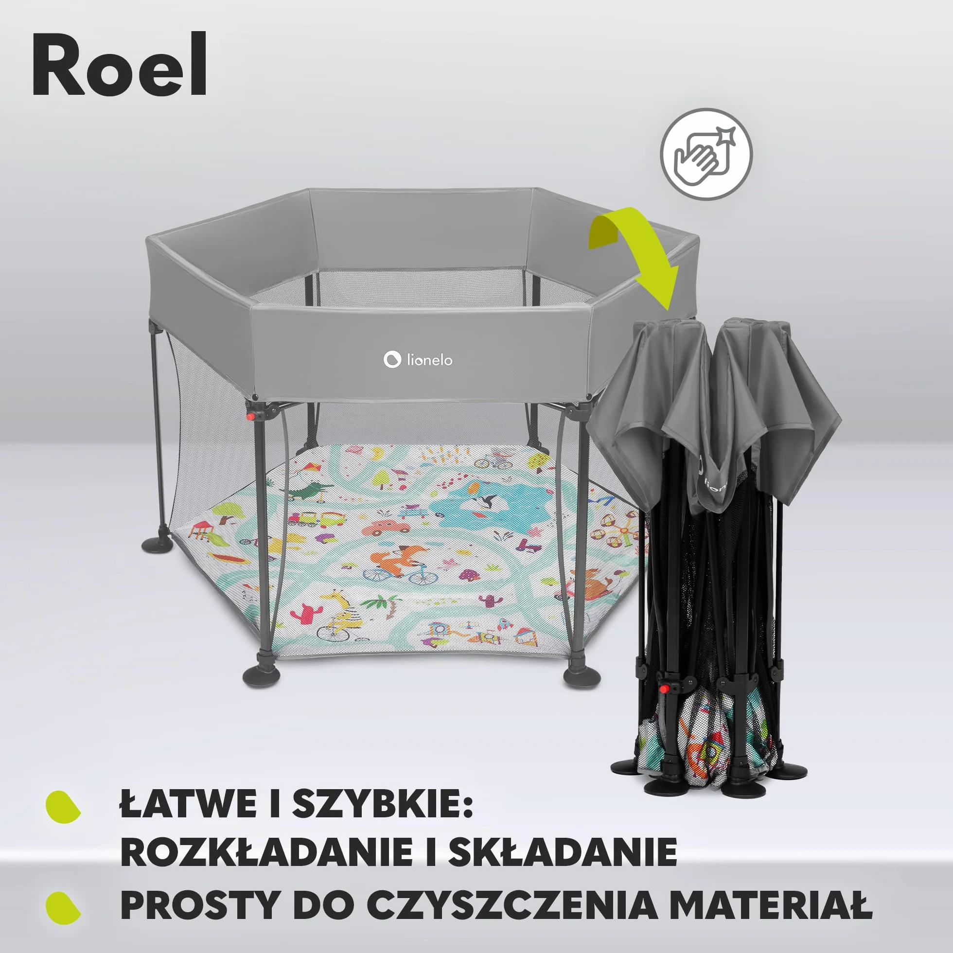 LIONELO Roel kojec dla dzieci do 15 kg, duży format 136 x 86 cm, sześciokątny kształt, LockGuard, zapięcie składane, wzmocniona podstawa, antypoślizgowe stopki, torba ochronna