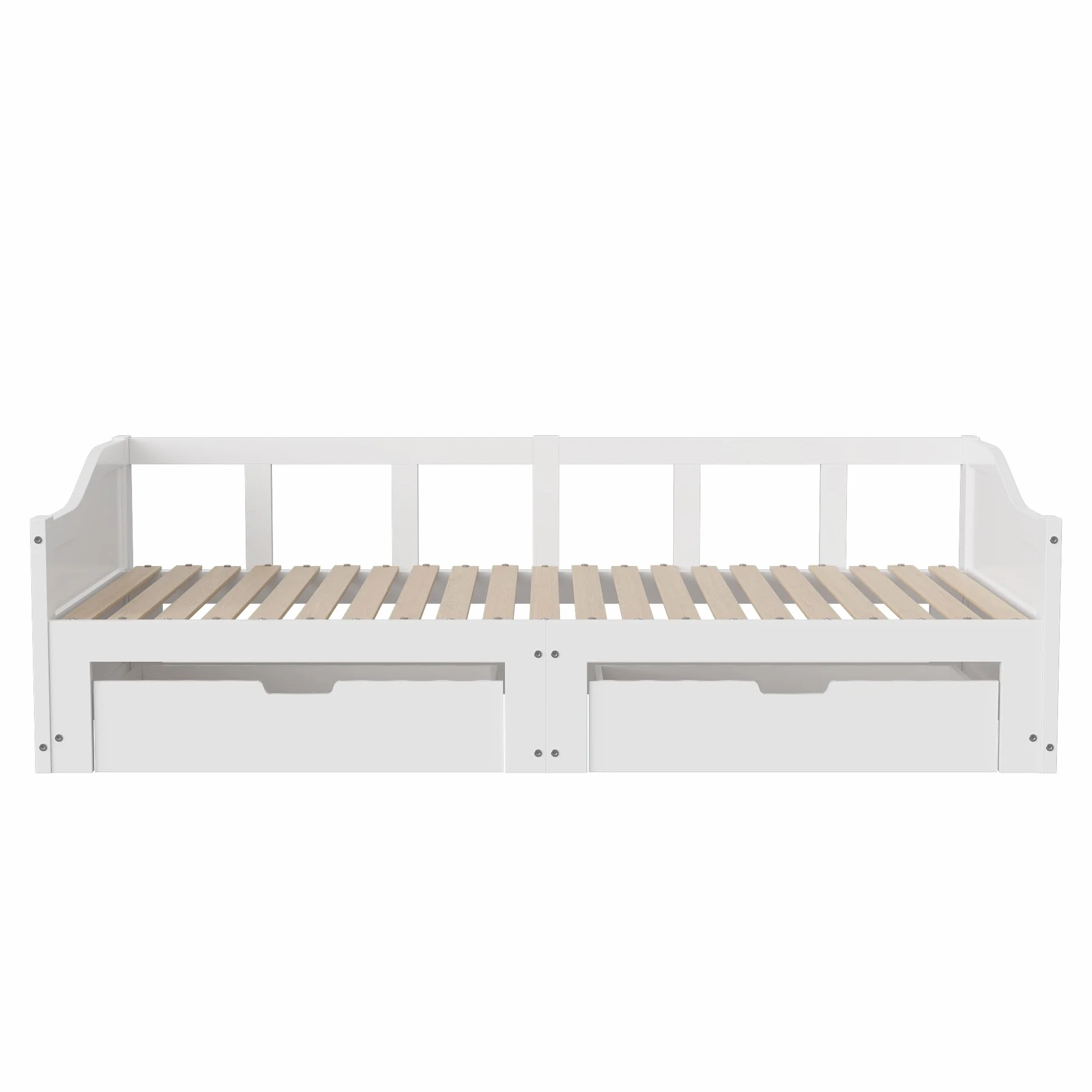 Sofa rozkładana 90/180 x 200 cm z litego drewna, składane łóżko z 2 szufladami, balustrada i podłokietniki, bez poduszek, idealna do pokoju dziecięcego lub salonu (lite drewno)