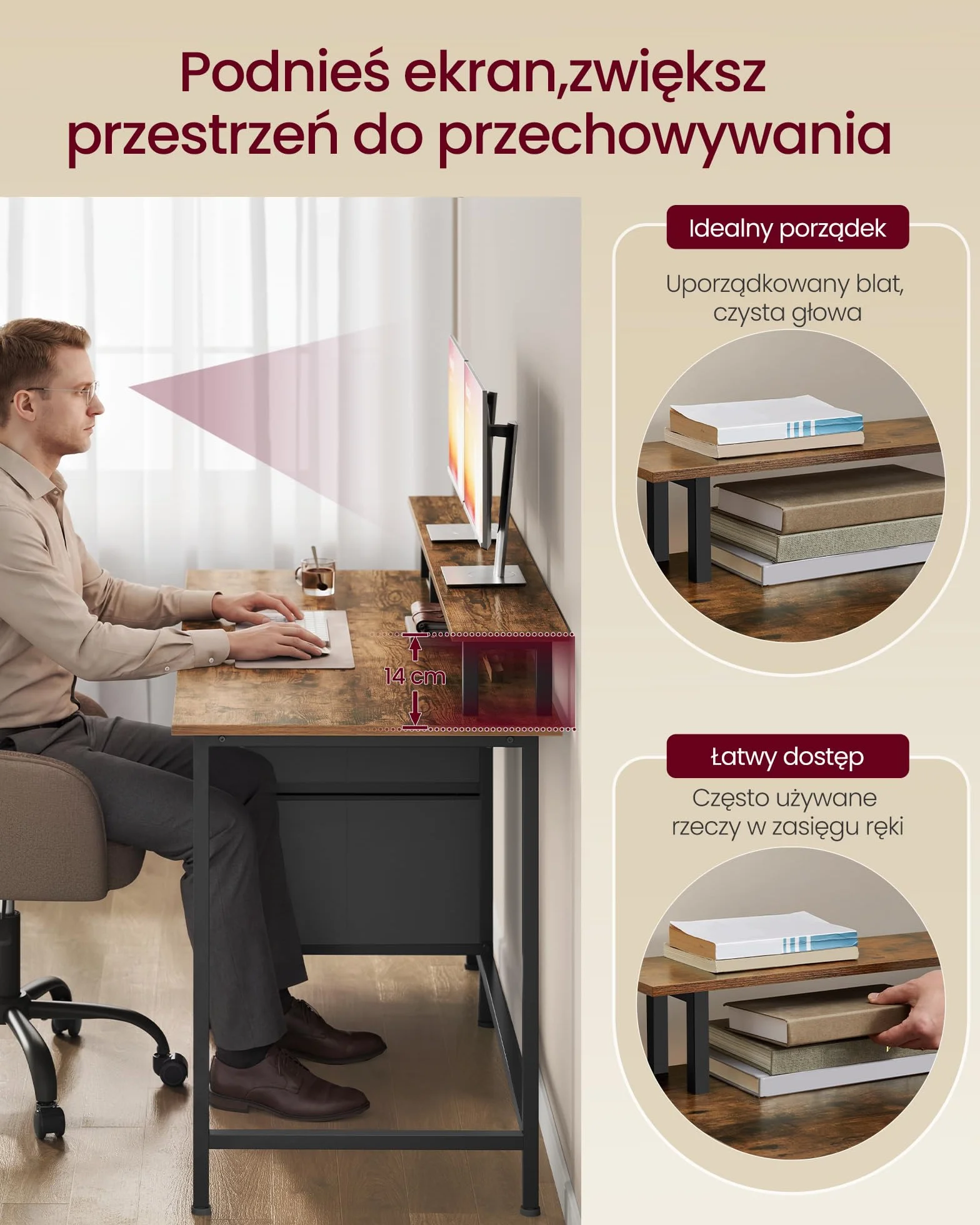 VASAGLE Biurko do gier, z szufladami z tkaniny, stolik komputerowy ze stojakiem na ekran, listwa zasilająca, 2 porty USB, do domowego biura, 140 x 60 cm, rustykalny brąz LWD094K02V1