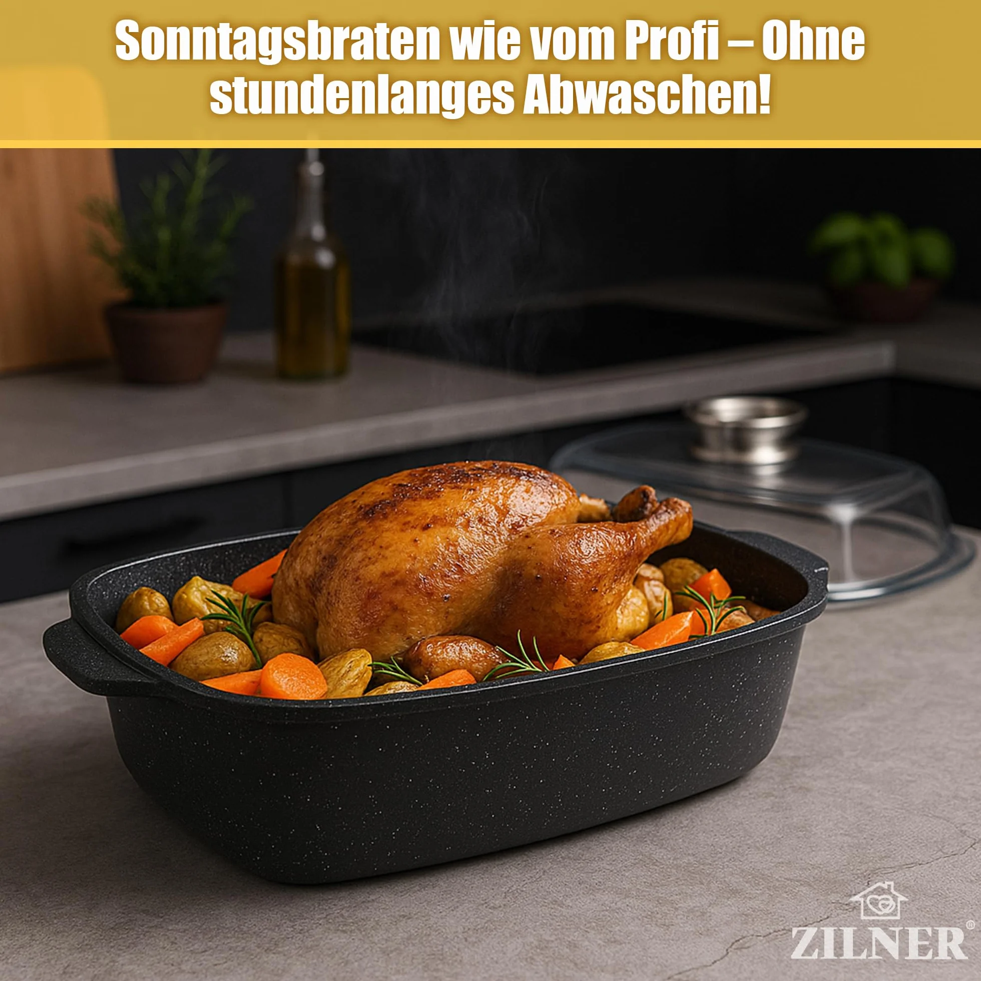 Naczynie do pieczenia 5,5 l z marmurową powłoką nieprzywierającą – 32 cm – szklana pokrywka z przyciskiem aromatyzującym – nadaje się do płyt indukcyjnych – aluminium – nadaje się do piekarnika