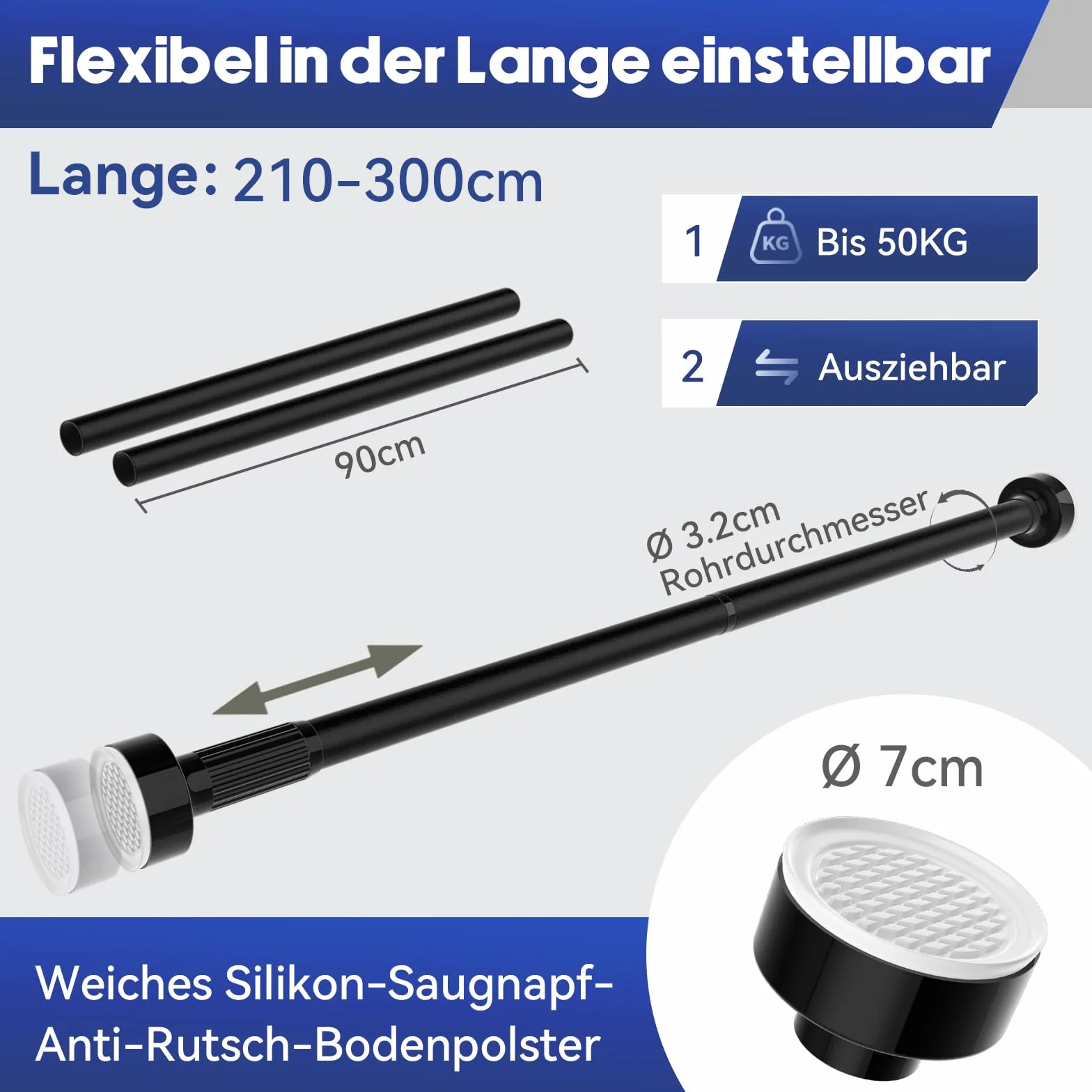 Vista Drążek teleskopowy 210-300 cm, drążek napinający, średnica 32 mm, czarny karnisz bez wiercenia, zacisk, funkcja antypoślizgowego i blokującego do zasłon, okna