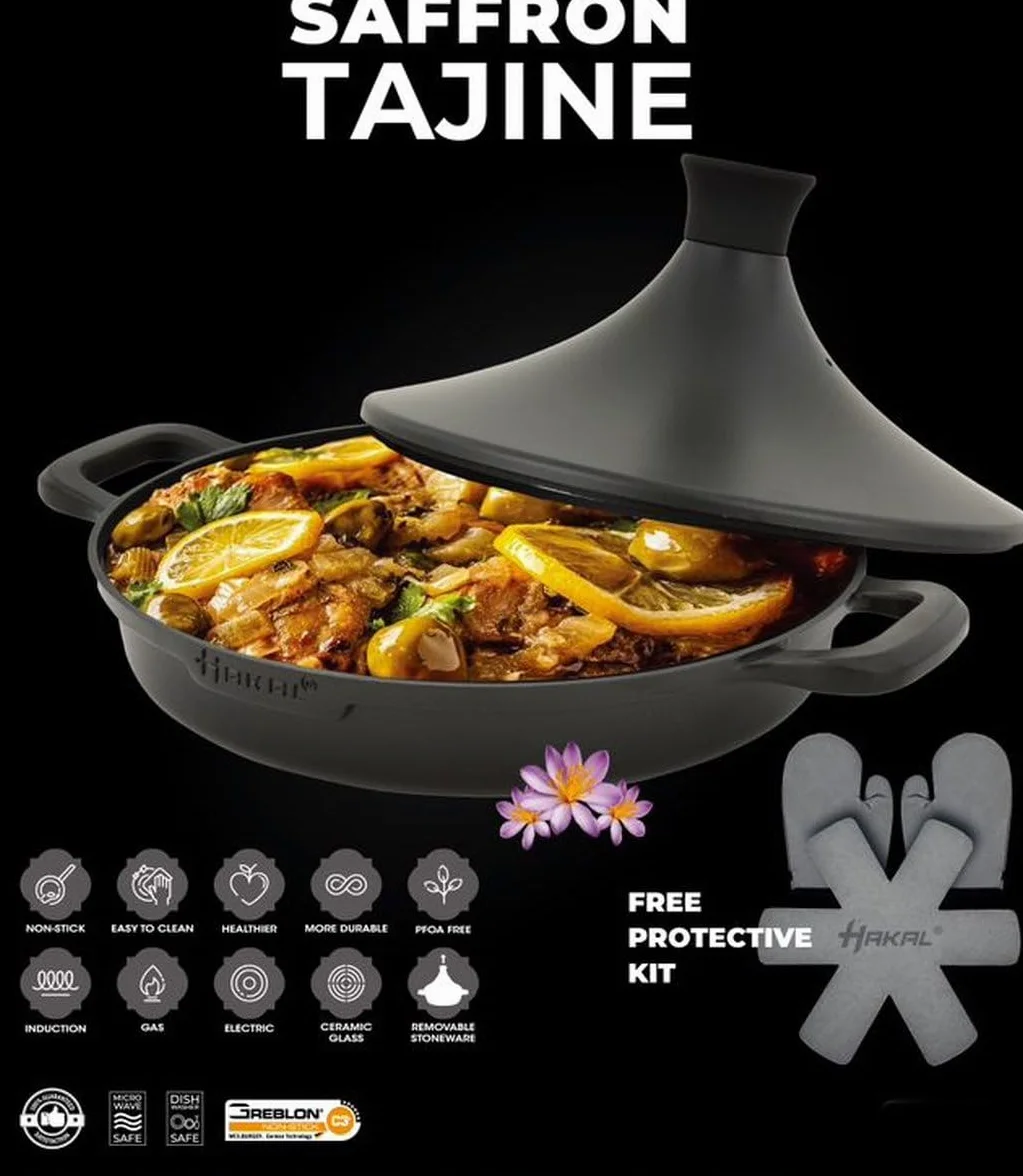 Tajine Saffron 30 cm Non-stick PFOA free czarny z rękawicami i filcem