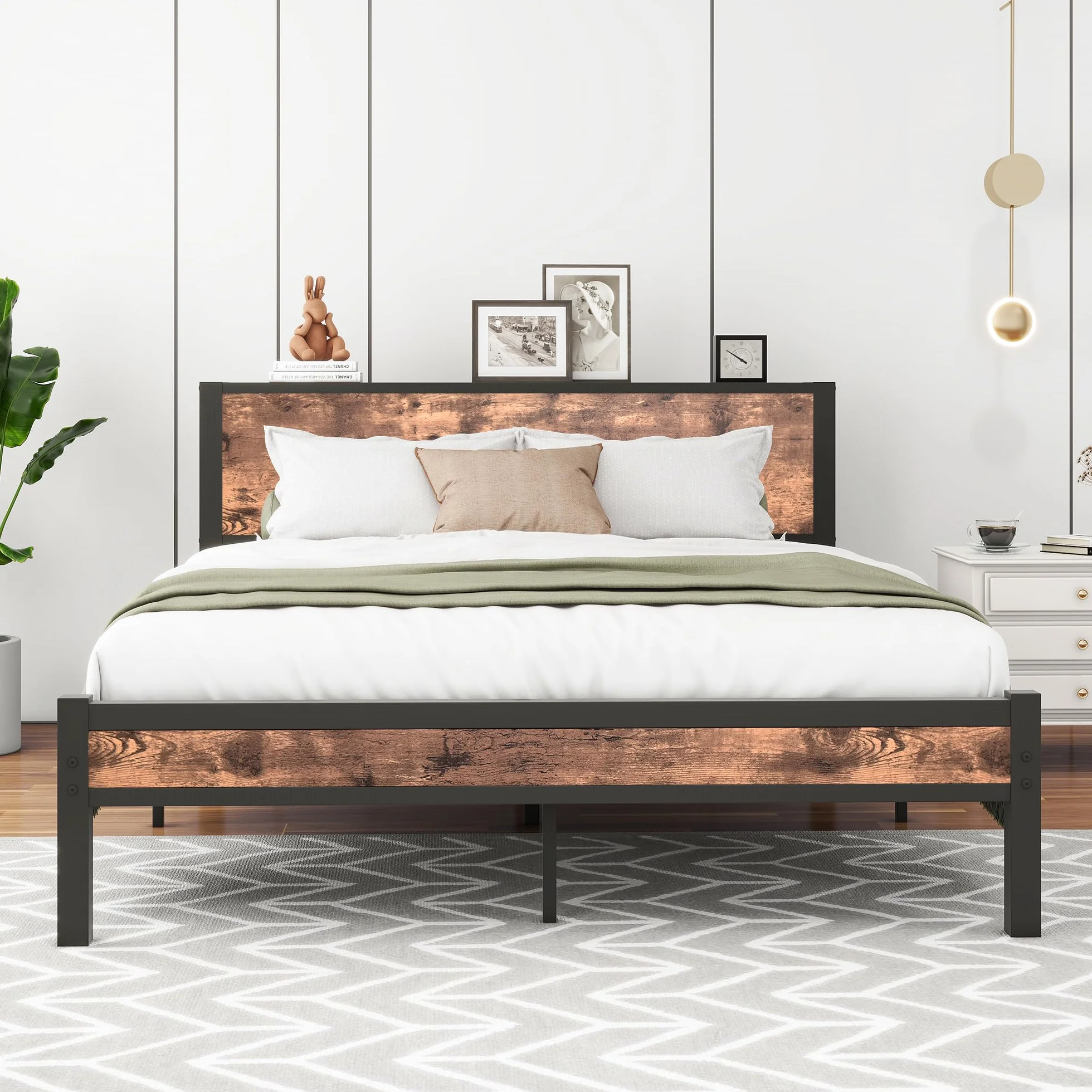 HOMERECOMMEND Rama łóżka 140 x 200, łóżko podwójne 140 x 200 cm, stelaż z metalu, łóżko dla gości do małych pomieszczeń, kolor czarny i brązowy