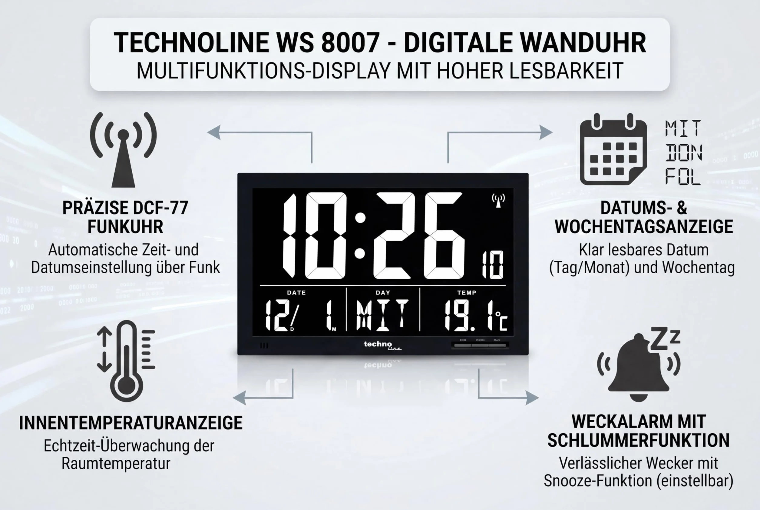 Zegar ścienny Technoline, WS 8007 sterowany radiowo, czarny Wymiary: 368 x 29 x 228 mm