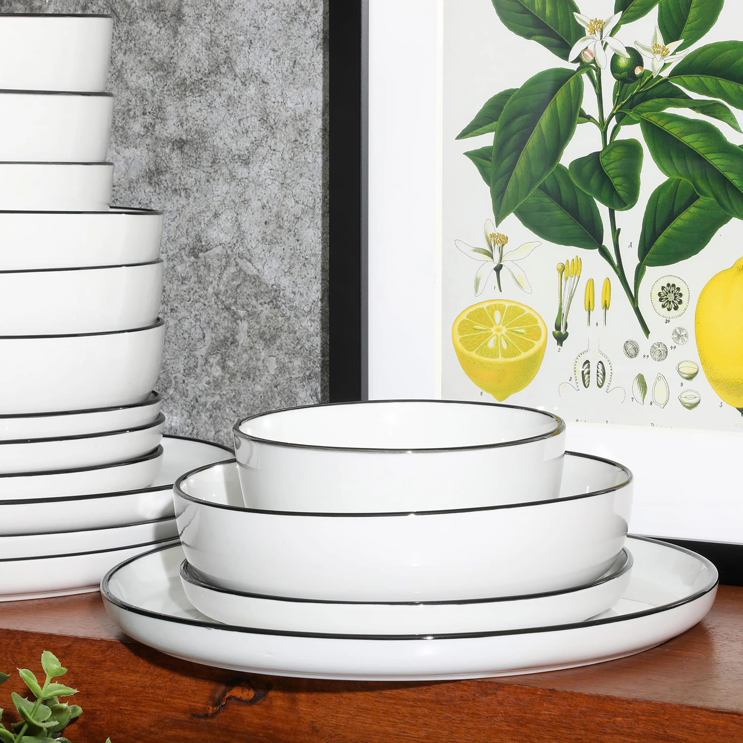 Gibson Home Oslo 16-częściowy porcelanowy zestaw zastawy stołowej, biały z czarną krawędzią