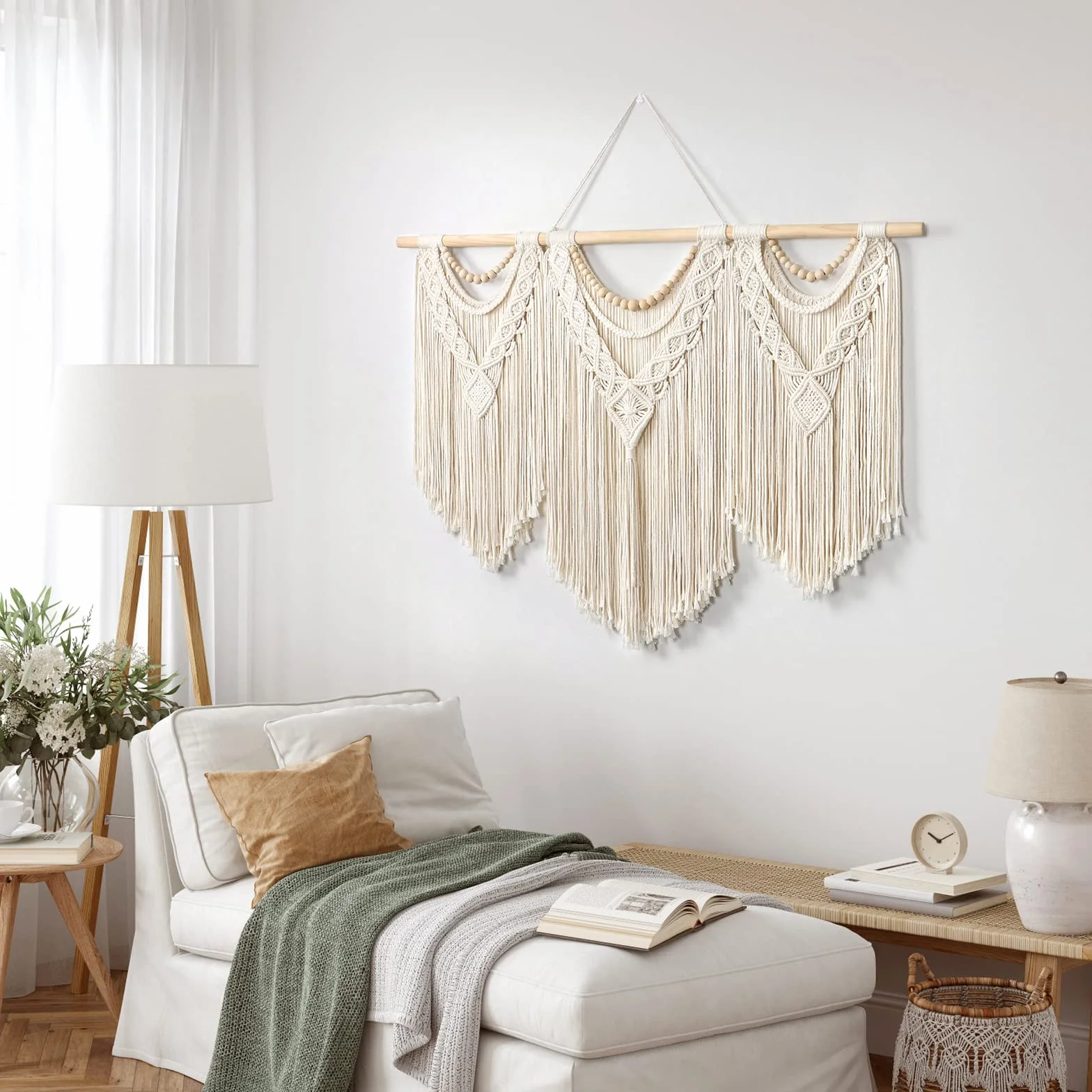 Dremisland Duża makrama, makrama, dywan ścienny, dekoracja ścienna w stylu boho, tkana, beżowe, frędzle, perły, sztuka ścienna, estetyczna chusta na ścianę, makrama, dekoracja ścienna, do sypialni