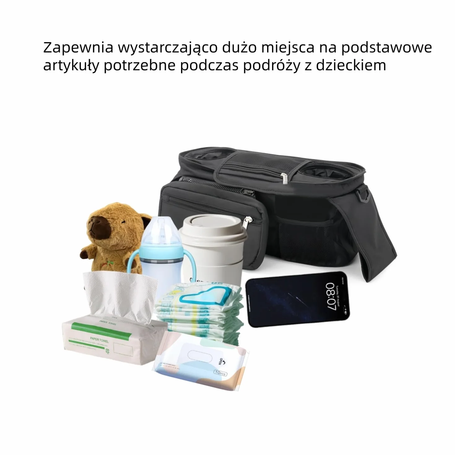 Organizer do Wózka Dziecięcego Uniwersalny z 2 Izolowanymi Uchwytami na Kubki i Odpinaną Portmonetką, Wodoodporna Torba do Wózka, Regulowany Pasek na Ramię, Wielofunkcyjny – z Rzepem