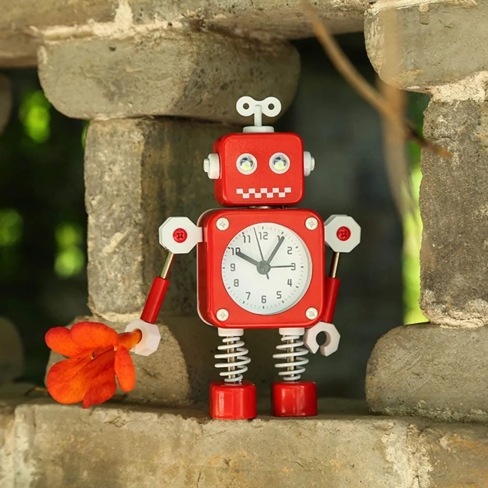 Diskary Robot budzik, cichy budzik z migającymi światłami oczu i obrotowym ramieniem, Prezent Dla Dzieci (czerwony)