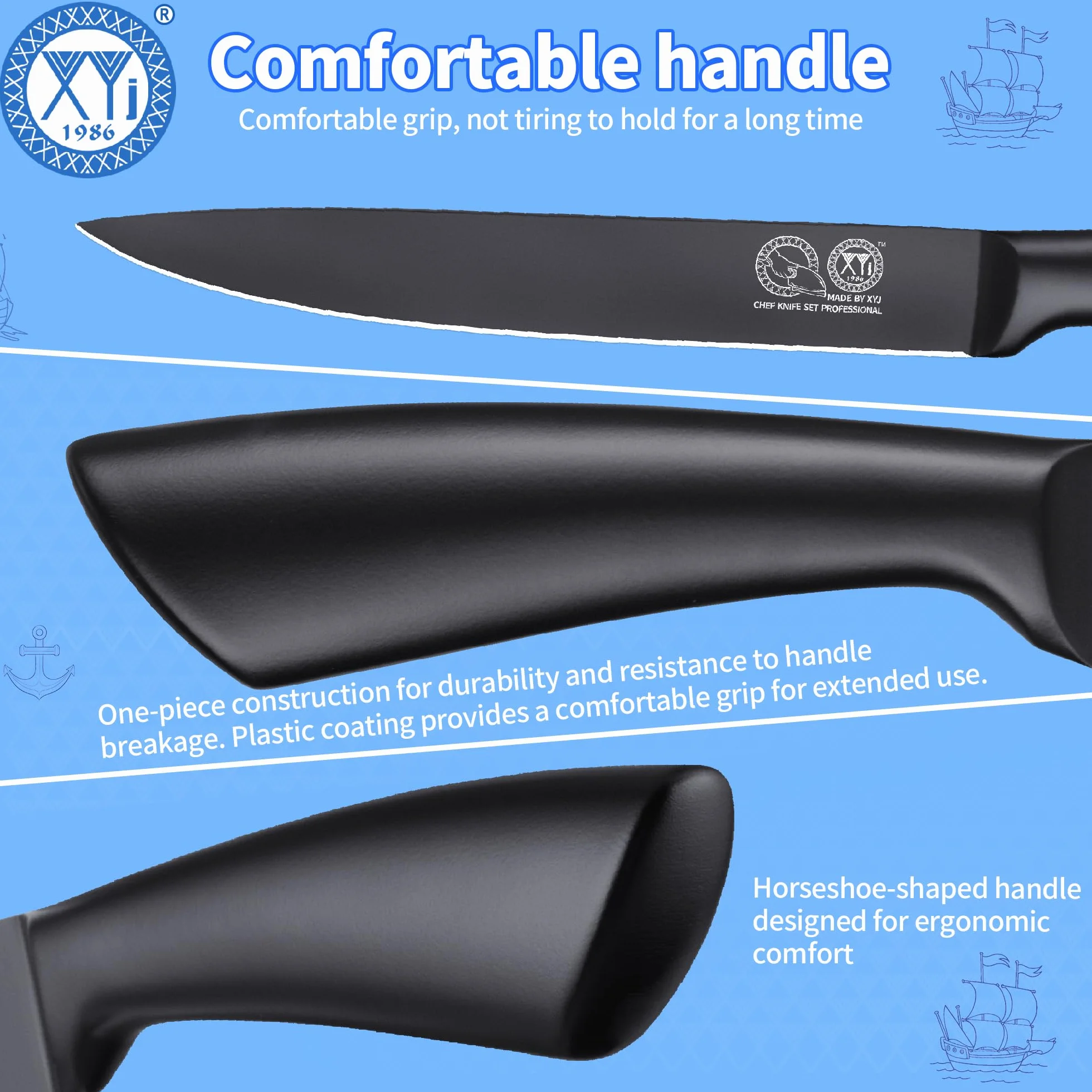 XYJ Kitchen Knife,8 Inch Black Stainless Steel Brisket Knife,Professional Chef Knife,Carving Boning Meat Cleaver BBQ Knife with Ergonomic Handle,Plastic Sheath