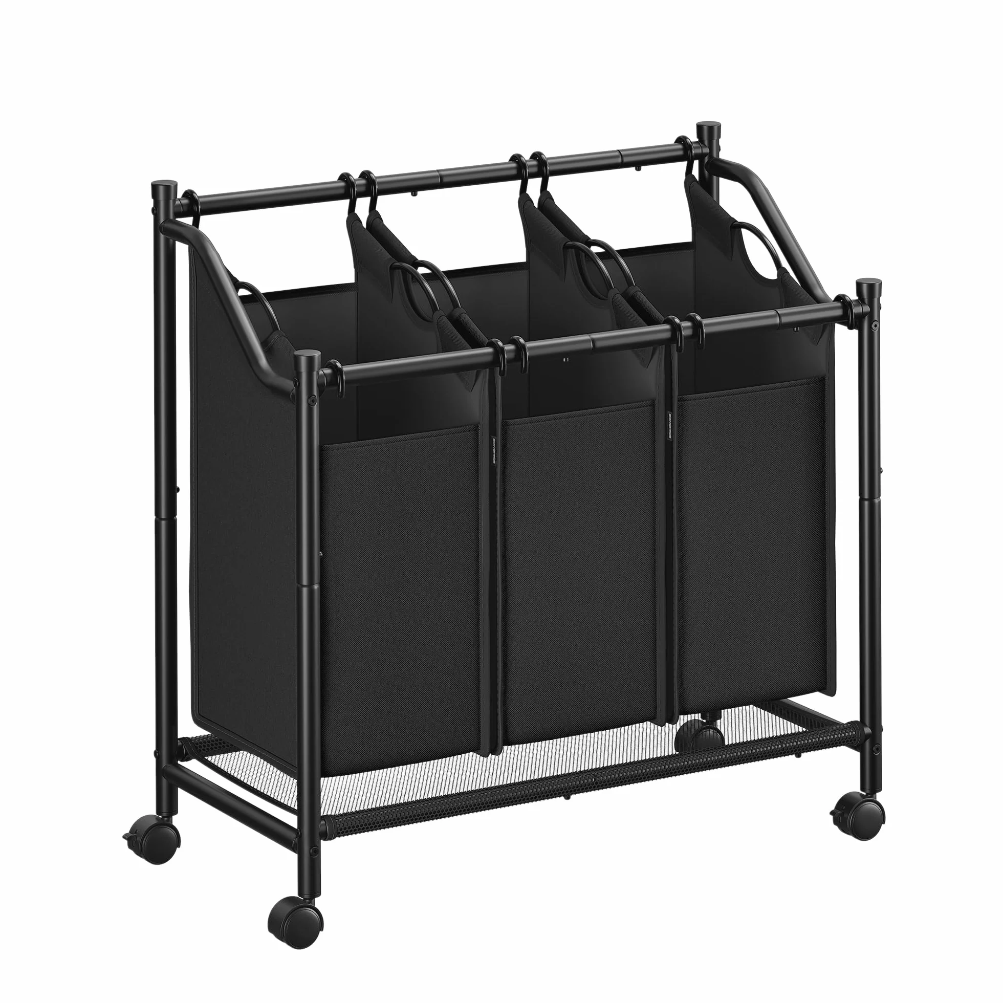 SONGMICS Kosz na bieliznę z kółkami, kosz na pranie z 3 wyjmowanymi workami na pranie, wózek na pranie, do pralni, sypialni, łazienki, 3 x 45 L, atrament czarny RLS102B01