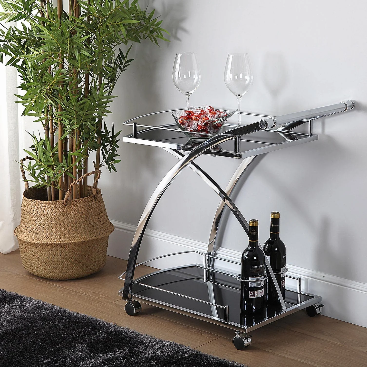 Versa Stojak na wino koła do serwowania szklany metalowy 66 cm czarny biały