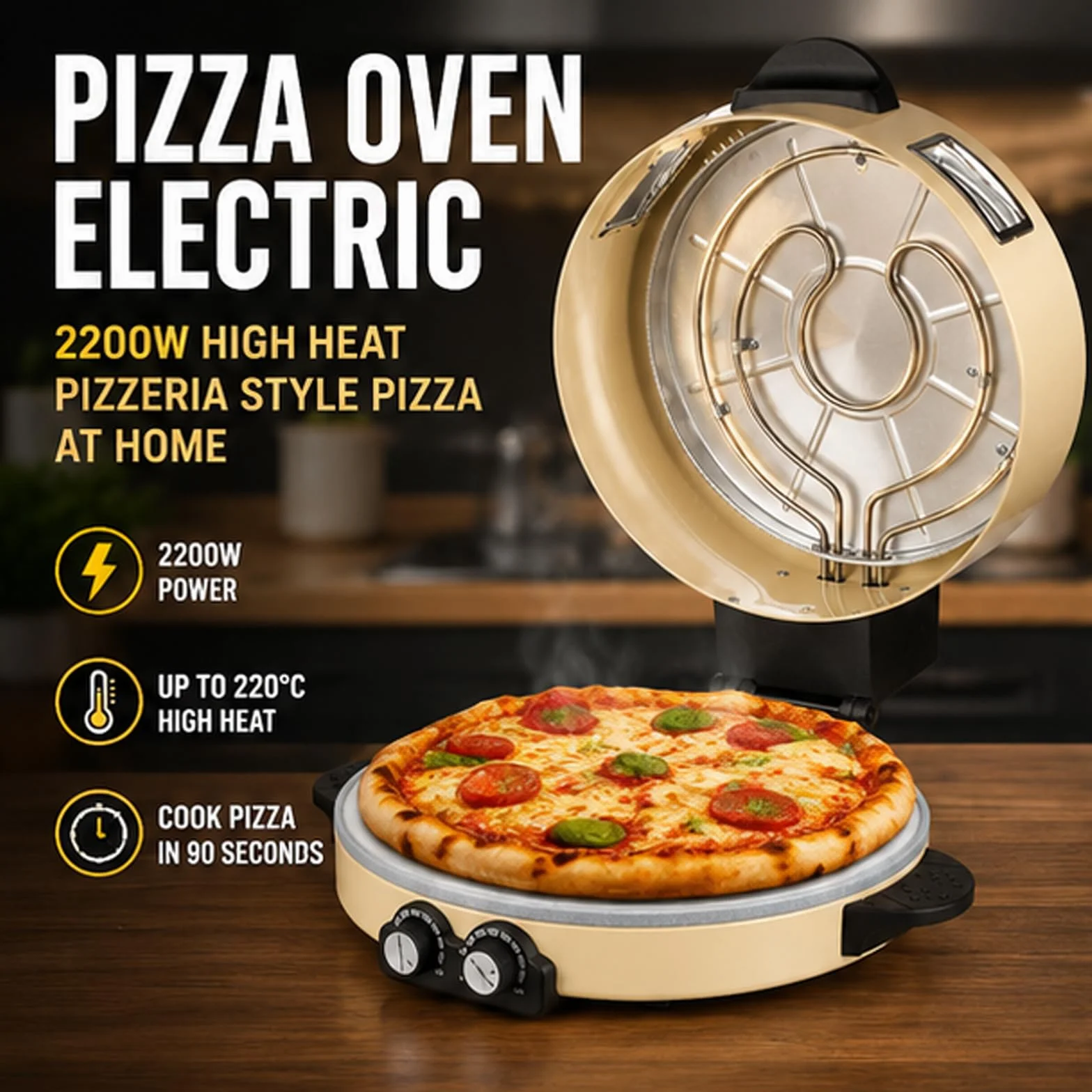 Elektryczny piekarnik do pizzy z kamienną podstawą o średnicy 40 cm z powłoką nieprzywierającą, przenośną maszyną do robienia pizzy na blacie o mocy 2200 W, podwójnym sterowaniem ogrzewaniem i szklany