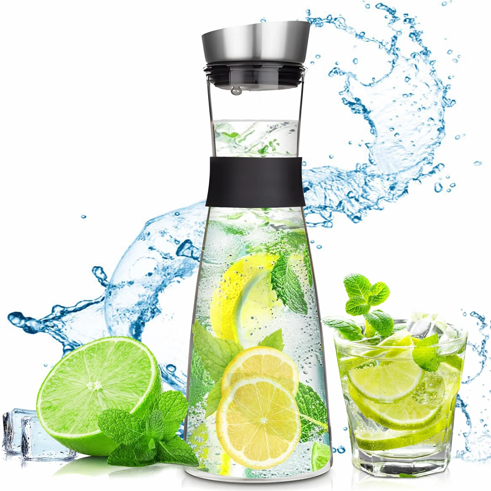 FAMKEEP Szklany dzbanek na wodę, szklana butelka o pojemności 1200 ml i pokrywka ze stali nierdzewnej, szklany dzbanek na wodę do zimnego, gorącego soku, herbaty, mleka i kawy