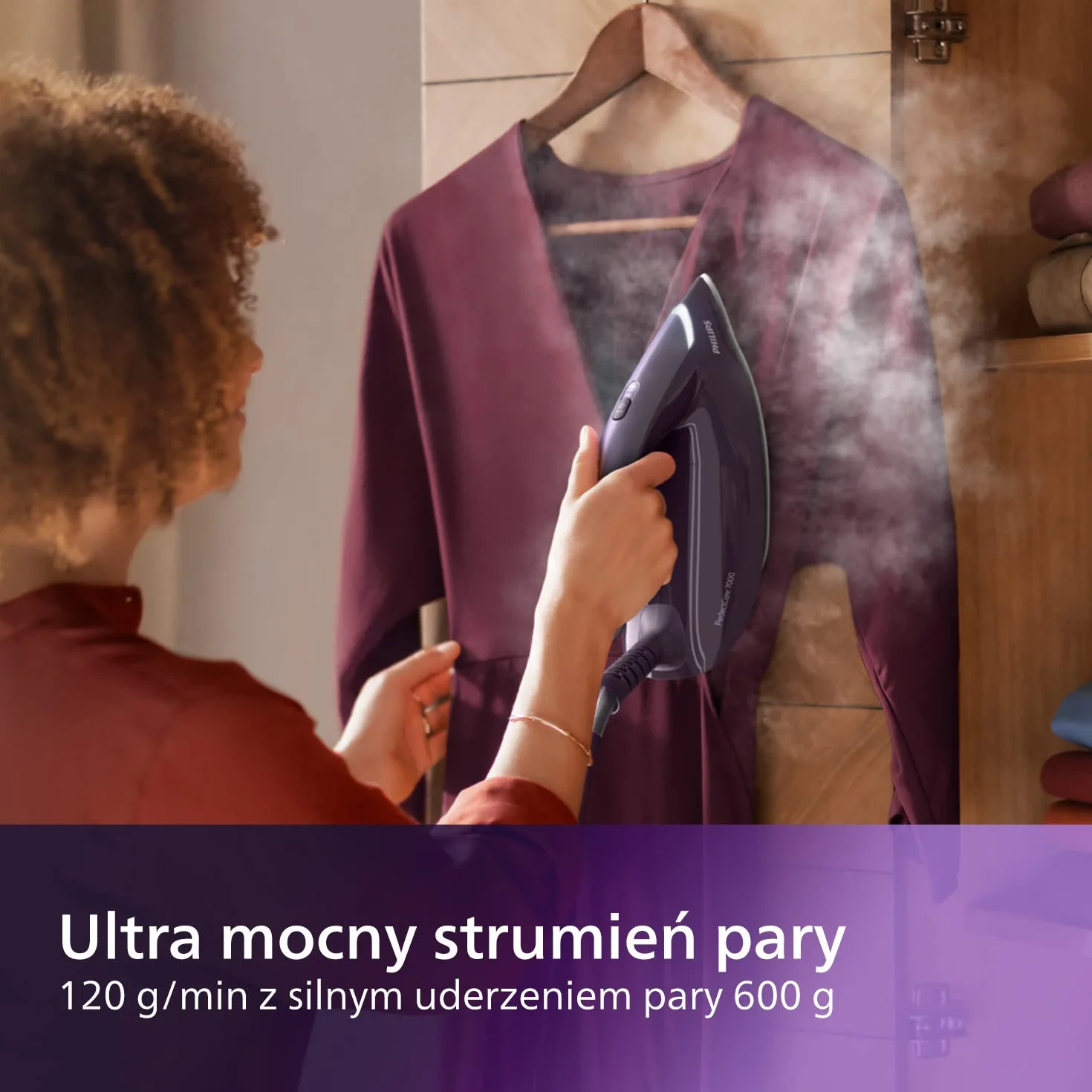 Philips Generator pary PerfectCare z serii 7000-2100W, Uderzenie pary 600g, Ciśnienie pompki 8 barów, Technologia OptimalTEMP, Zbiornik 1,8l, Fioletowy (PSG7150/30)