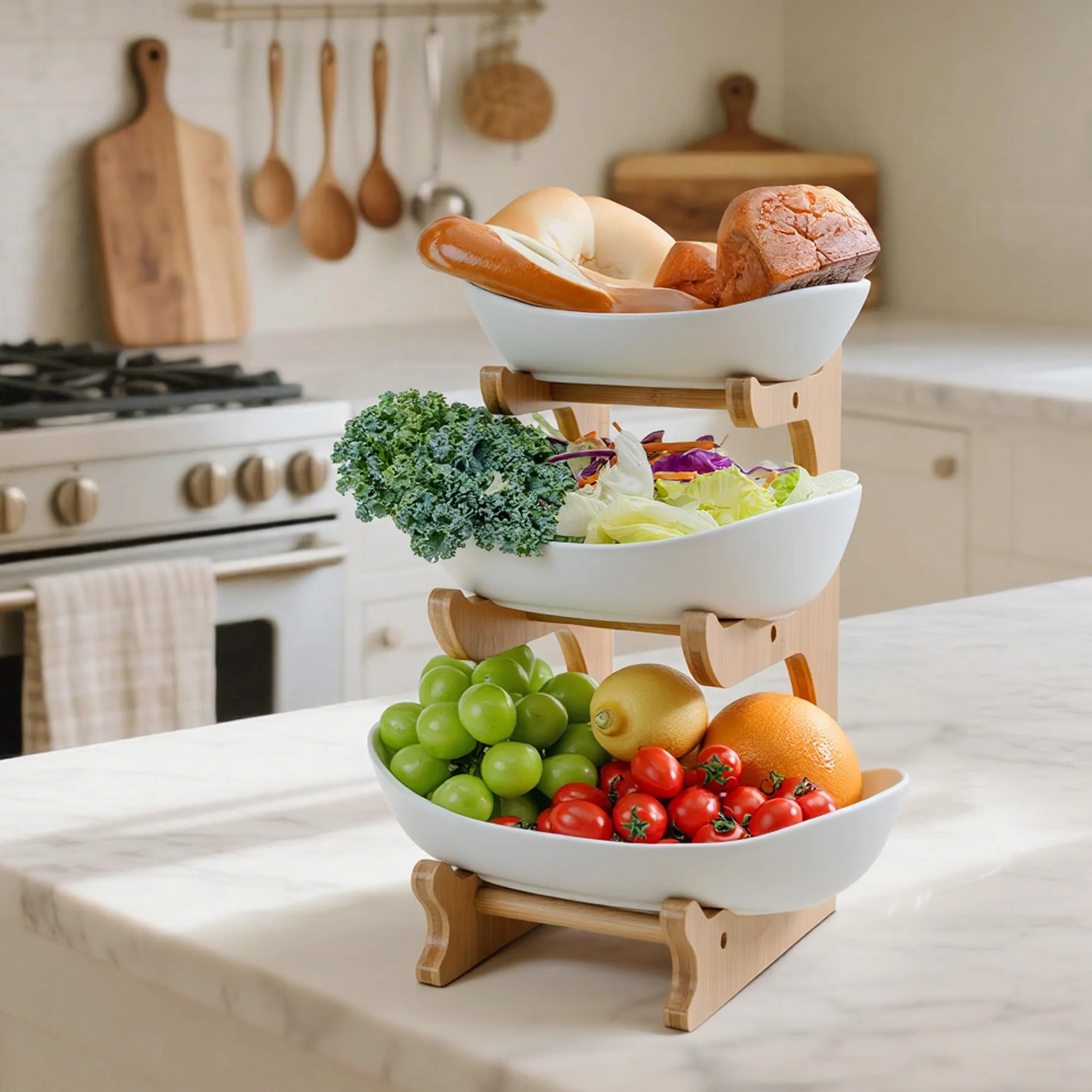 Ceramiczna miska na owoce, 3-poziomowa, porcelanowa, 3 poziomy, z naturalnym bambusowym stojakiem, talerz do serwowania owoców, ciast, słodyczy