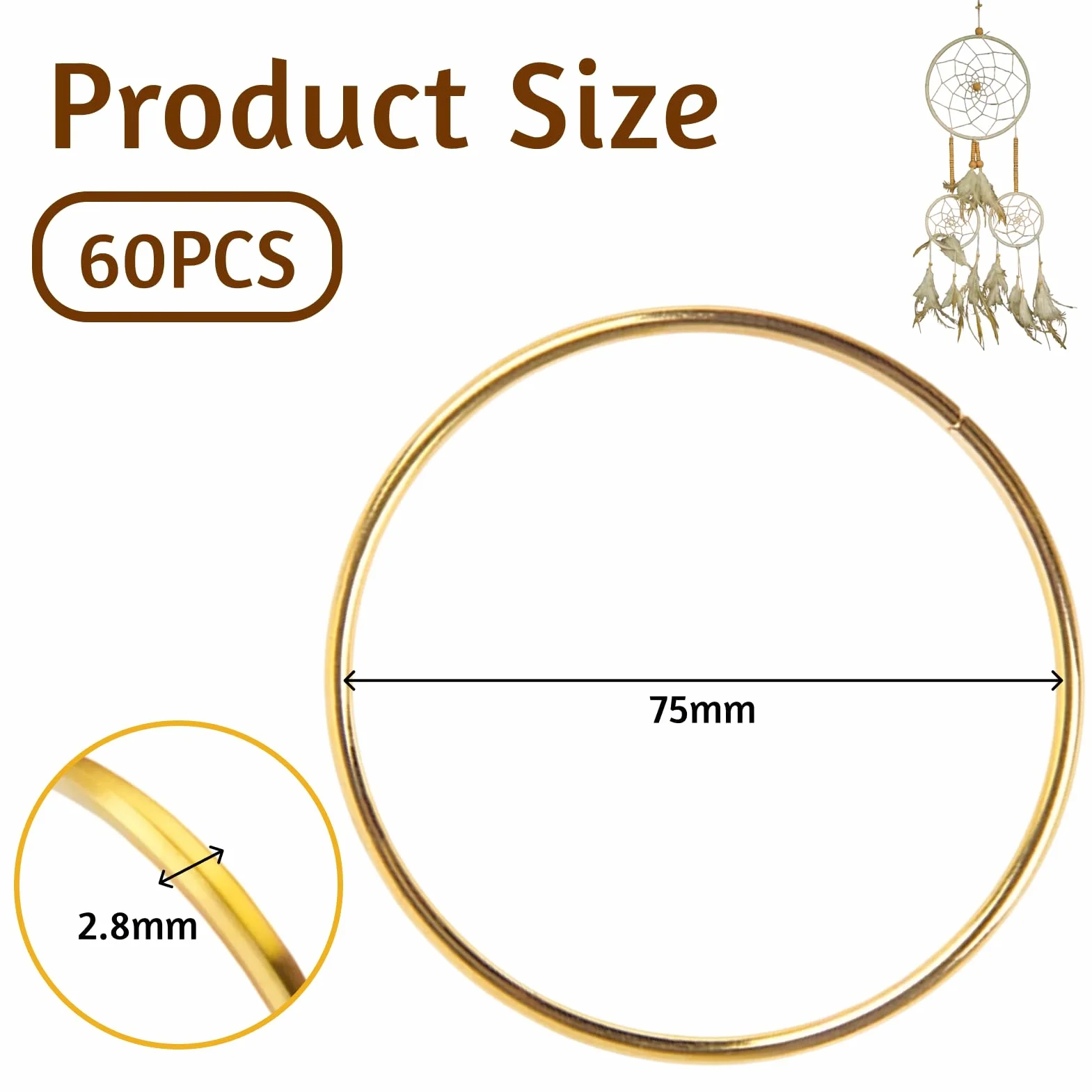 Flewdart 60 szt. Metalowe obręcze DIY 7,5 cm Metalowe Obręcze Kwiaty do rękodzieła Makrama, DIY Łapacz snów, czekoladki. (60)