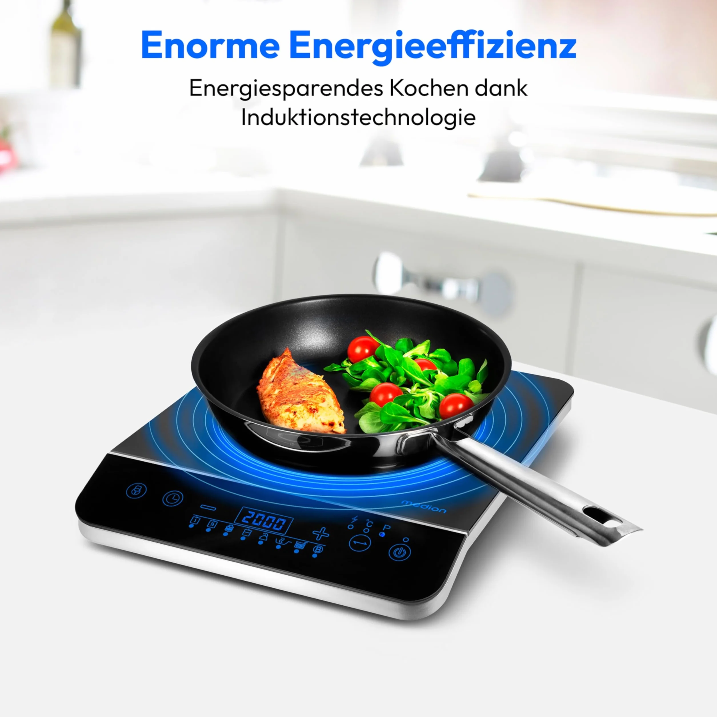 MEDION Płyta indukcyjna / 2000 W/zakres temperatur 60-240°C / 8 programów automatycznych / 10 poziomów mocy/wyświetlacz LED/MD 17595 / czarna