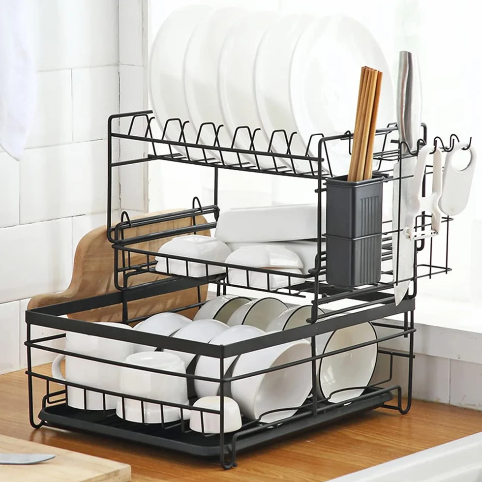 3-poziomowa Suszarka do naczyń Solidny Uchwyt na Przybory Kuchenne na Blat Kuchenny Oszczędzający Miejsce Czarny 14,57 X 12,20 X 13,86 Półka Naczynia dla Rodziny