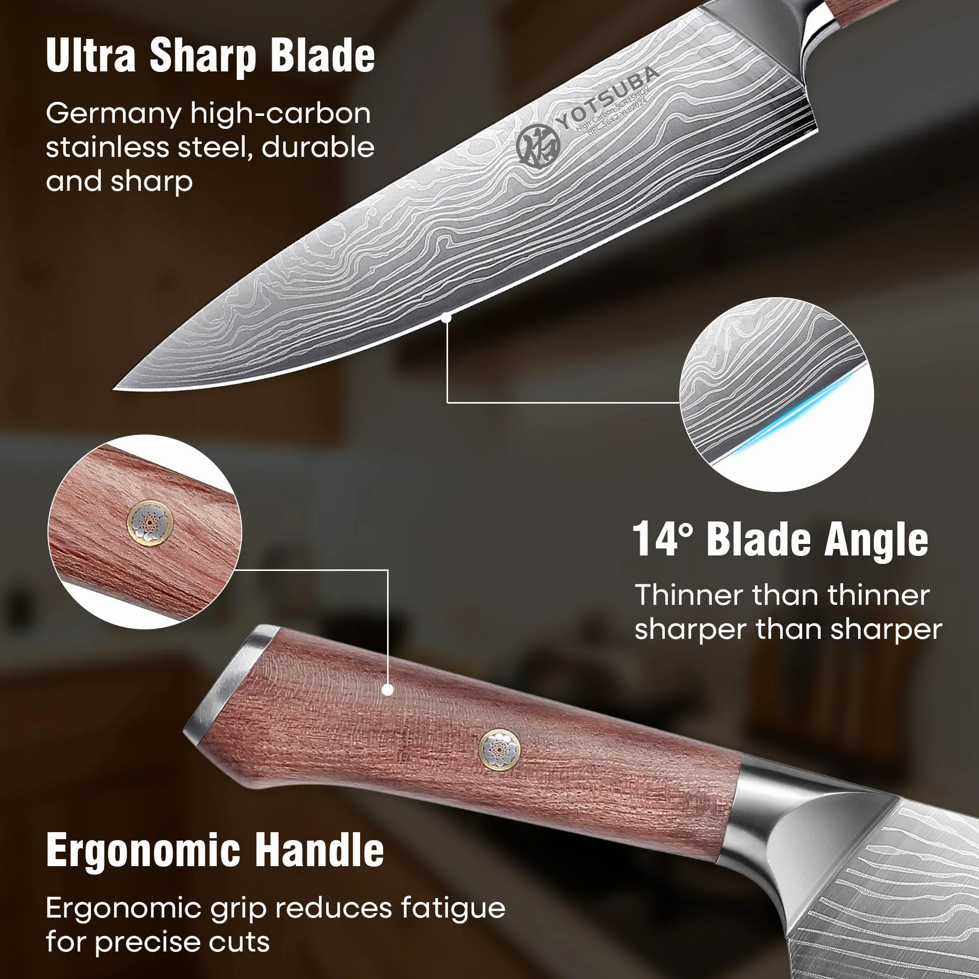 Zestaw noży YOTSUBA do każdego zadania, nierdzewny i trwały, zawierający nóż szefa kuchni i Santoku oraz wielofunkcyjny