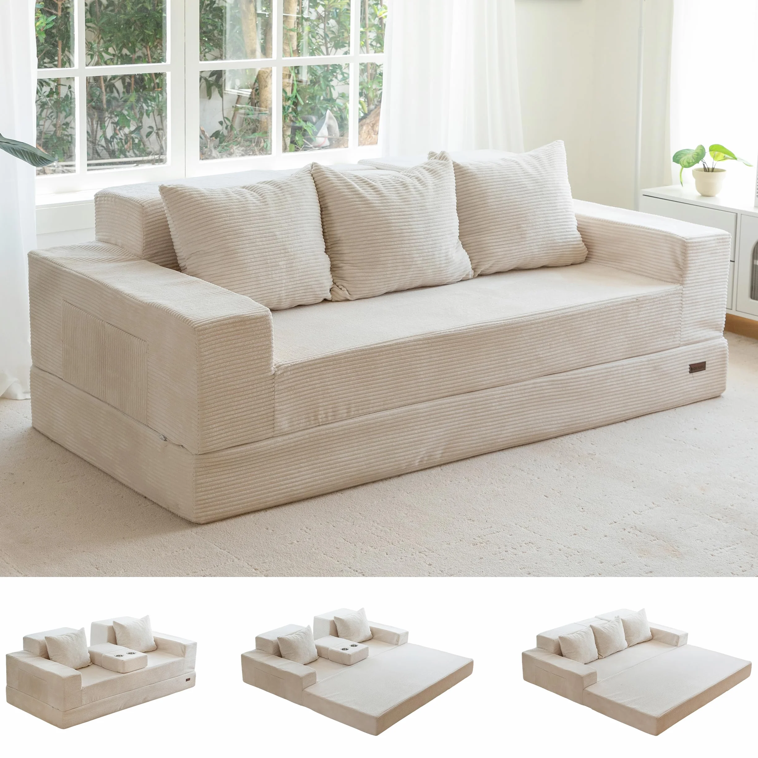 MAXYOYO Rozkładana sofa na łóżko, sofa na podłogę z aksamitkiem, rozkładana sofa z funkcją spania z uchwytem na kubki i poduszką, sofa na ściąganie do salonu, sypialni, pokoju gościnnego