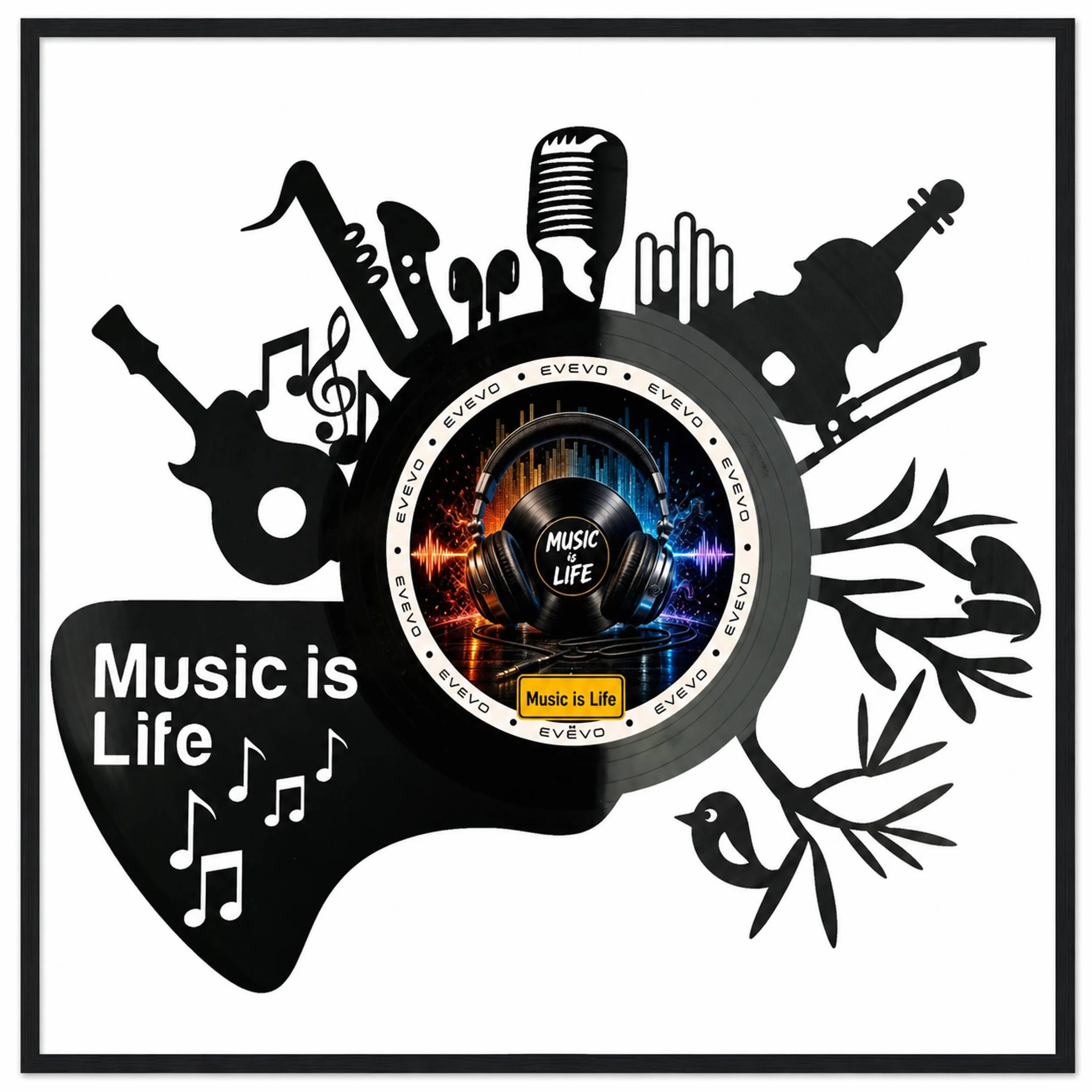 EVEVO Dekoracja ścienna z płyty gramofonowej w ramie 32 x 32 cm Music is Life - winylowa sztuka ścienna, prezent dla muzyków, melomanów audiofilów