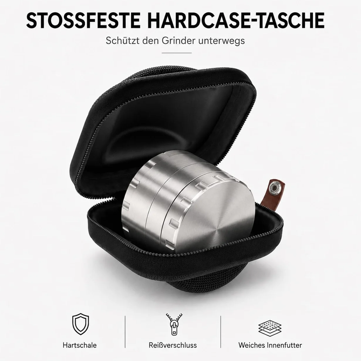 Młynek ze stali nierdzewnej Premium Crusher | 4-częściowy | stalowy młynek do ziół | Ø 63 mm | w zestawie pokrowiec ochronny z zamkiem błyskawicznym, skrobak do pyłków, pędzel i ustnik