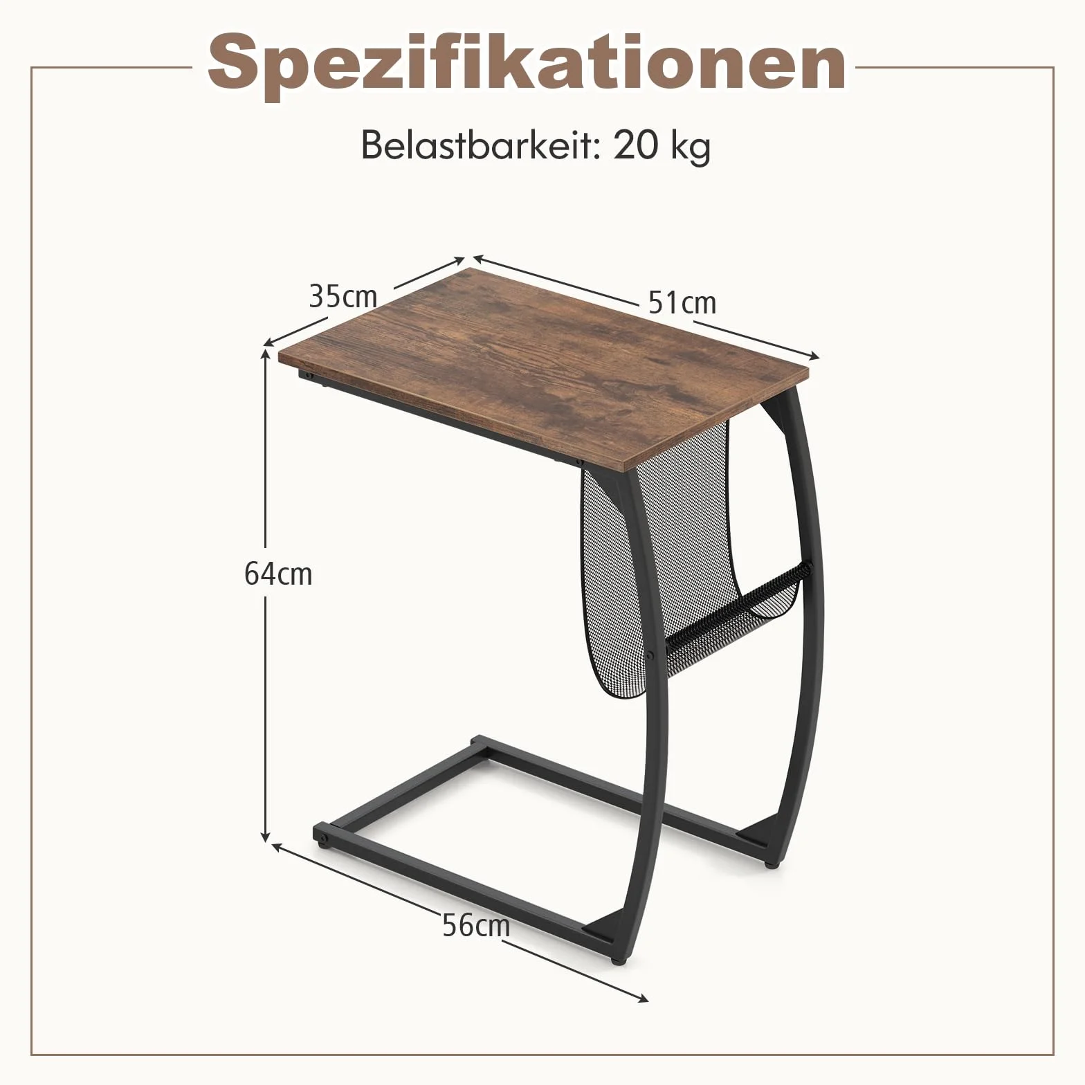 COSTWAY drewniany stolik pomocniczy, metalowy, z kieszenią boczną, stolik pod laptopa, w kształcie litery C, stolik kawowy, wzornictwo przemysłowe, 52 x 35 x 63 cm