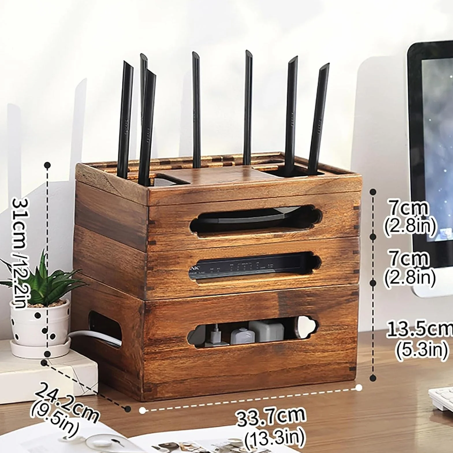 WiFi Pudełko do Przechowywania Routera, Szafka do Przechowywania Multimediów, Organizer do Listwy Zasilającej Kabli, Niewidoczne Półki Wielowarstwowe(31cm/12.2in)