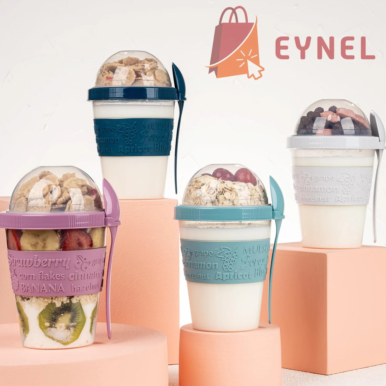 EYNEL 4-pak On The Go Kubki na jogurt i płatki śniadaniowe, pokrywki, łyżka, pojemnik na owoce, wielokrotnego użytku, parfait, dzbanek na mleko, granola