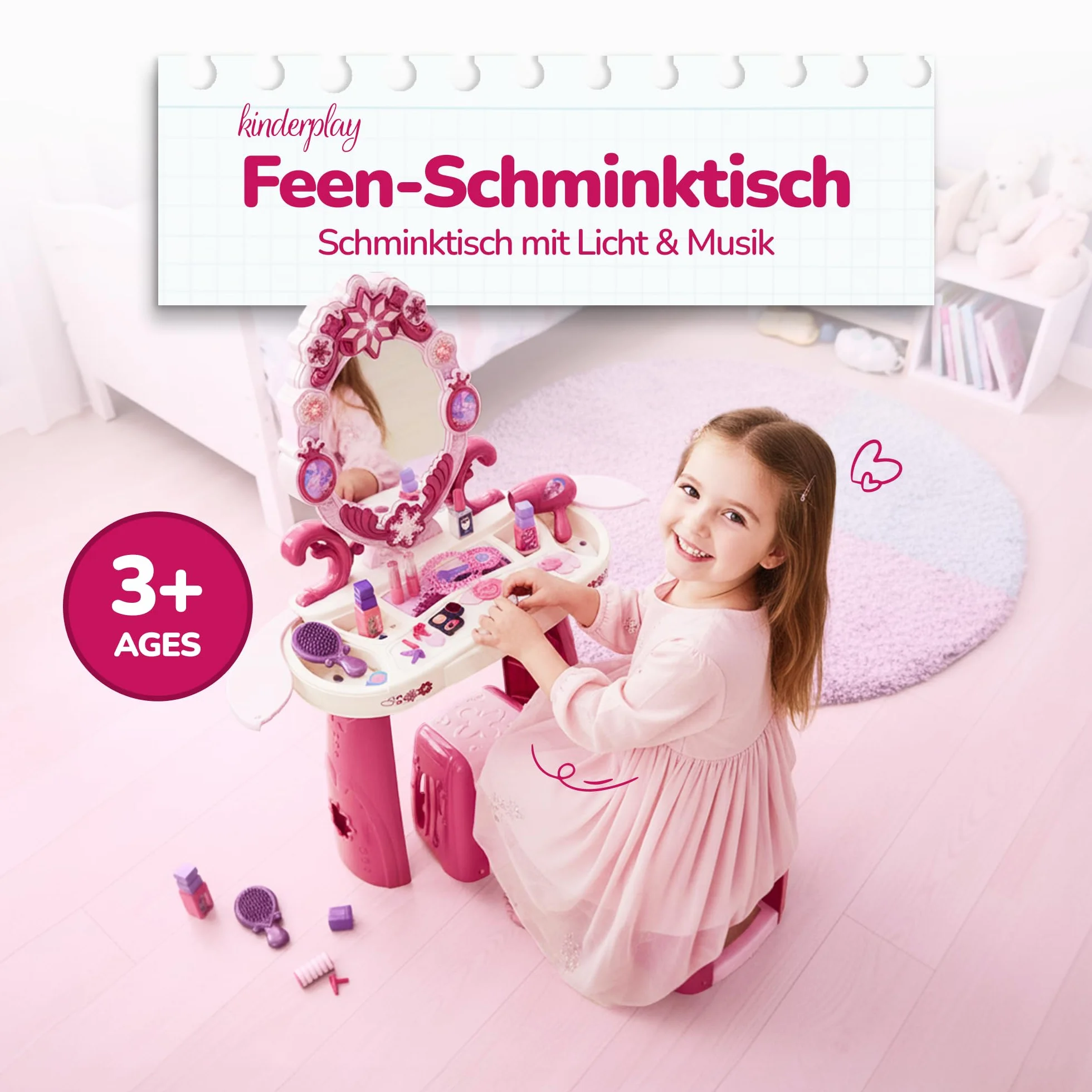 Kinderplay Fairy Glow Dresser toaletka dla dzieci z oświetleniem i dźwiękiem – zabawka dla dziewczynek od 3 lat – zestaw do makijażu dla dzieci z lustrem i 32 akcesoriami