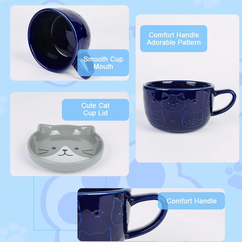 HOTUT Uroczy ceramiczny kubek dla kota, 300 ml z pokrywką, zestaw filiżanek do kawy, śniadaniowy, prezenty świąteczne dla córki, syna, przyjaciół, rodziny - niebieski