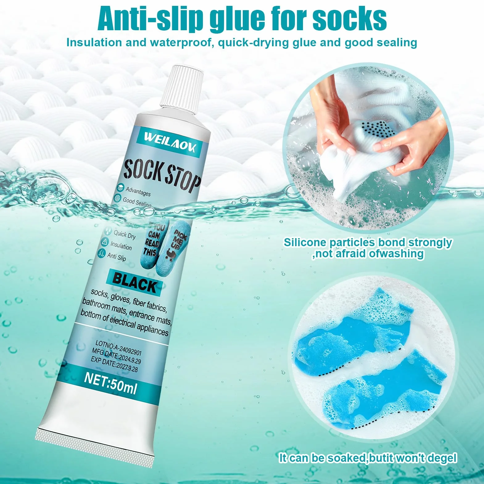 Sock Stop Liquid, antypoślizgowy zestaw skarpet, antypoślizgowe rozwiązanie skarpet, zmywalne, płynny klej antypoślizgowe skarpety, maty łazienkowe, czarne